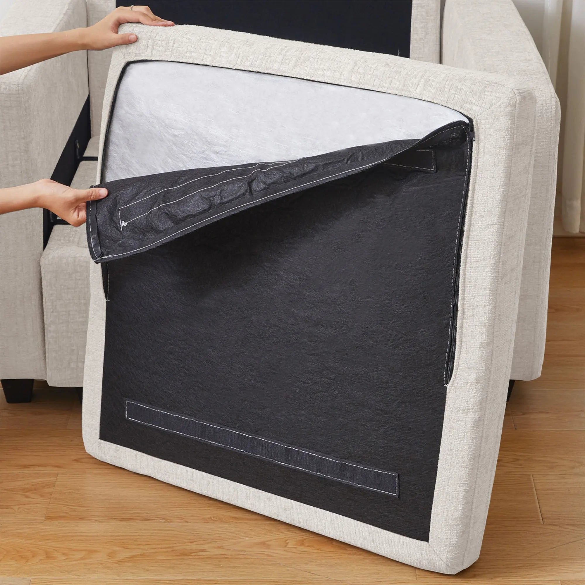 30" Beige and Black Chenille Storage Ottoman Homeroots Living Room