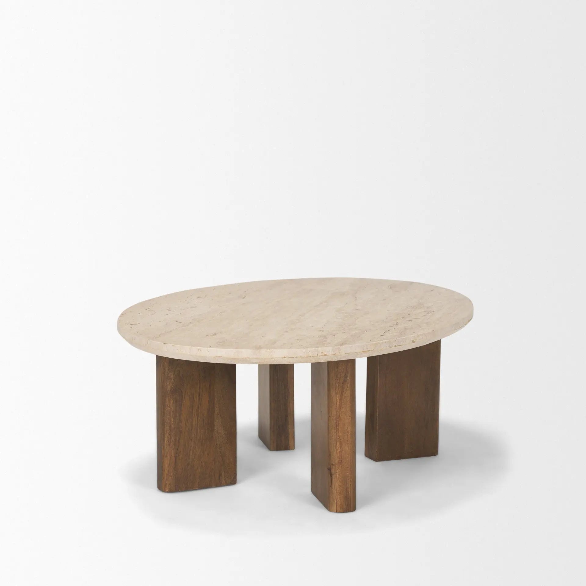 30" Beige and Brown Stone and Solid Wood Oval Coffee Table Homeroots Living Room