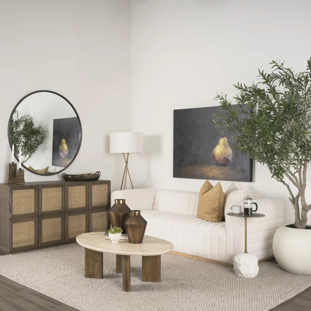 30" Beige and Brown Stone and Solid Wood Oval Coffee Table Homeroots Living Room