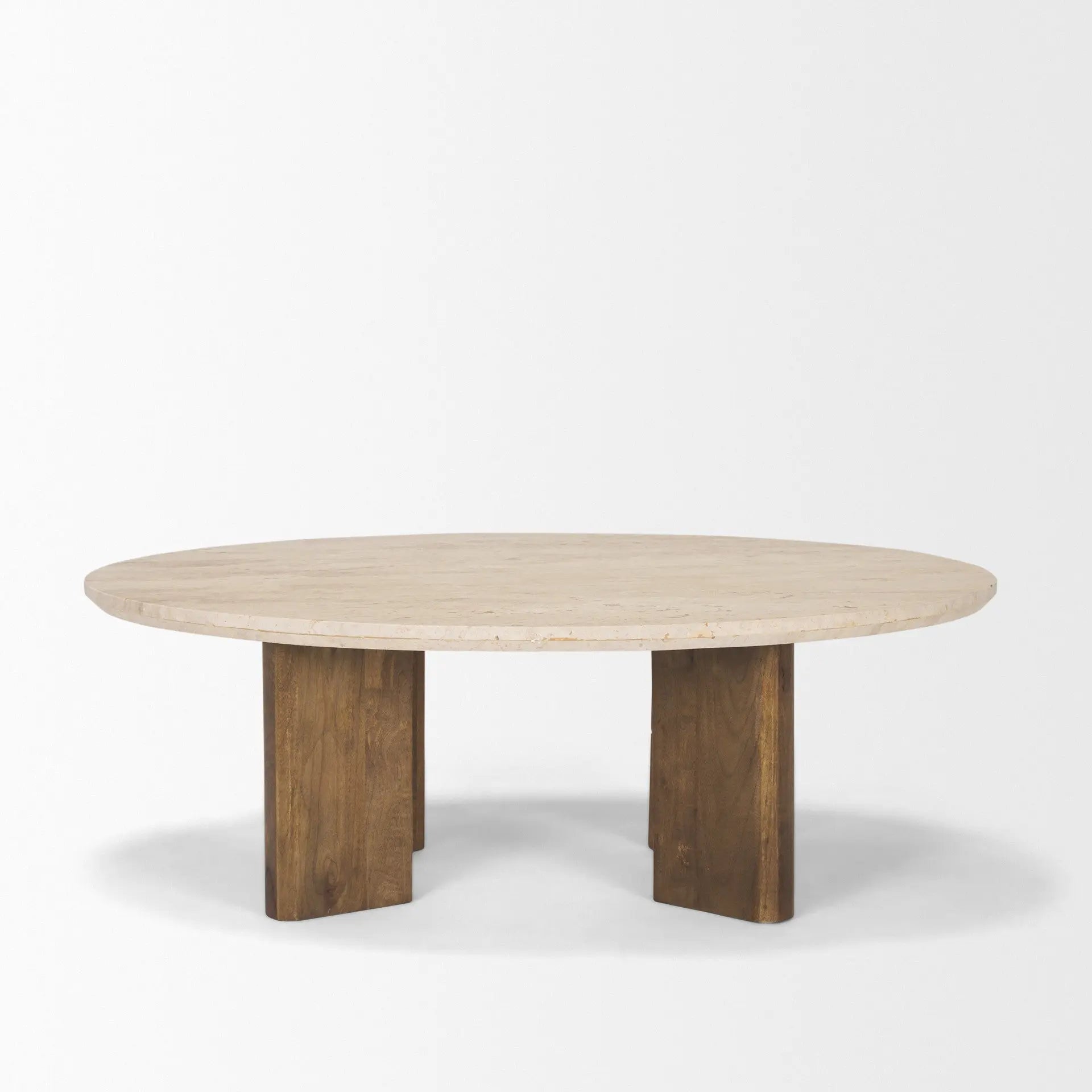 30" Beige and Brown Stone and Solid Wood Oval Coffee Table Homeroots Living Room