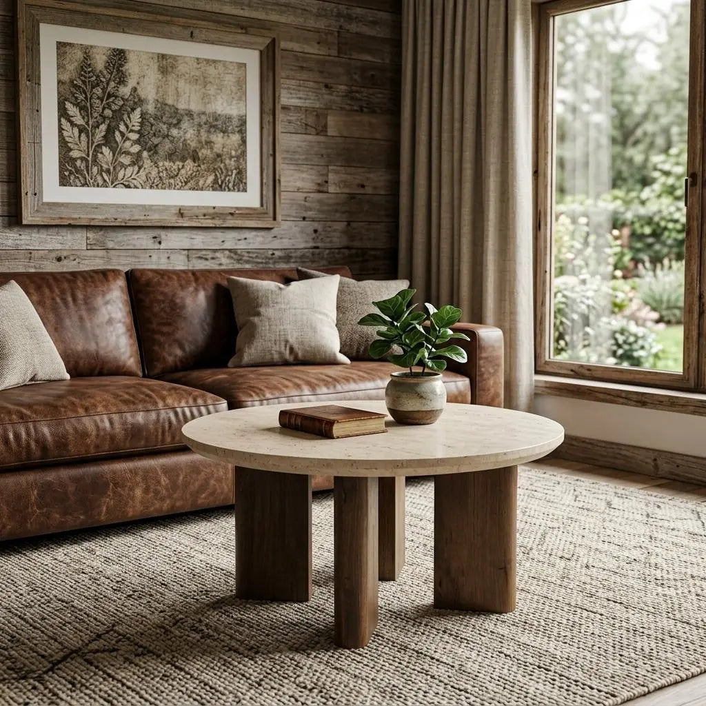 30" Beige and Brown Stone and Solid Wood Oval Coffee Table Homeroots Living Room