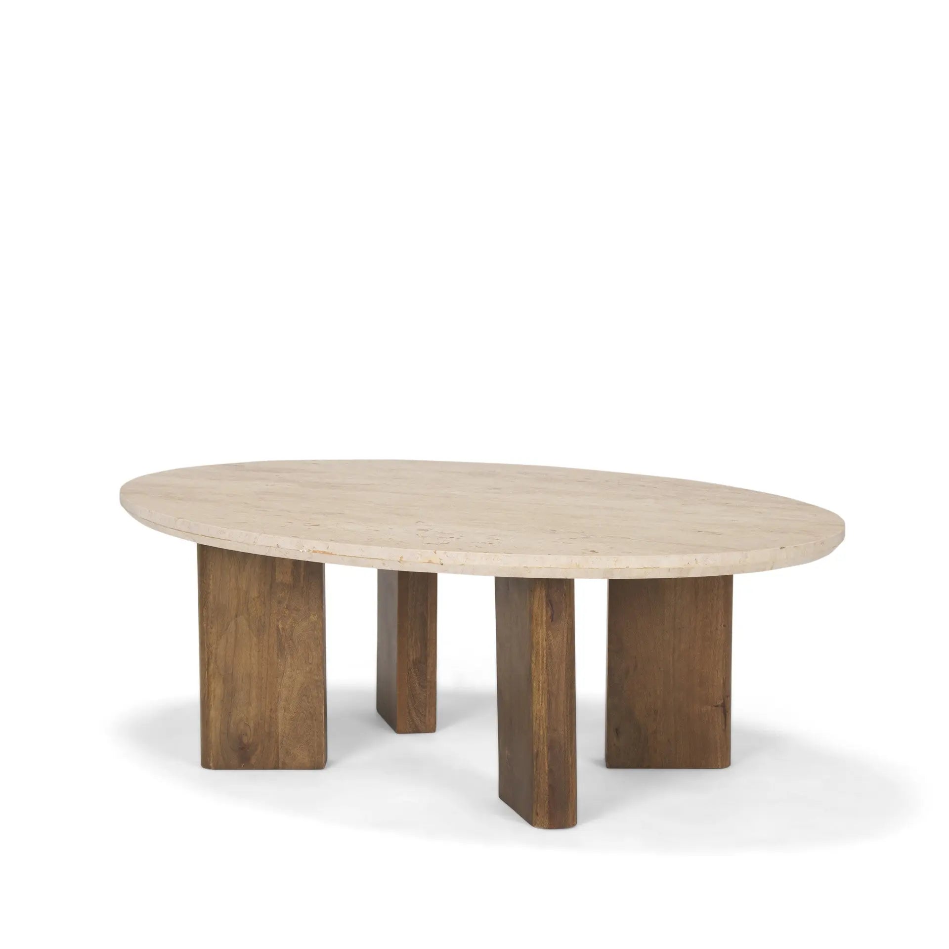 30" Beige and Brown Stone and Solid Wood Oval Coffee Table Homeroots Living Room