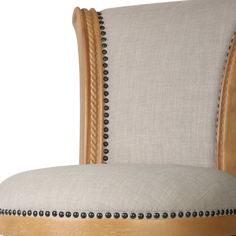 30" Beige and Natural Fabric and Solid Wood Bar Height Swivel Bar Chair Homeroots Living Room