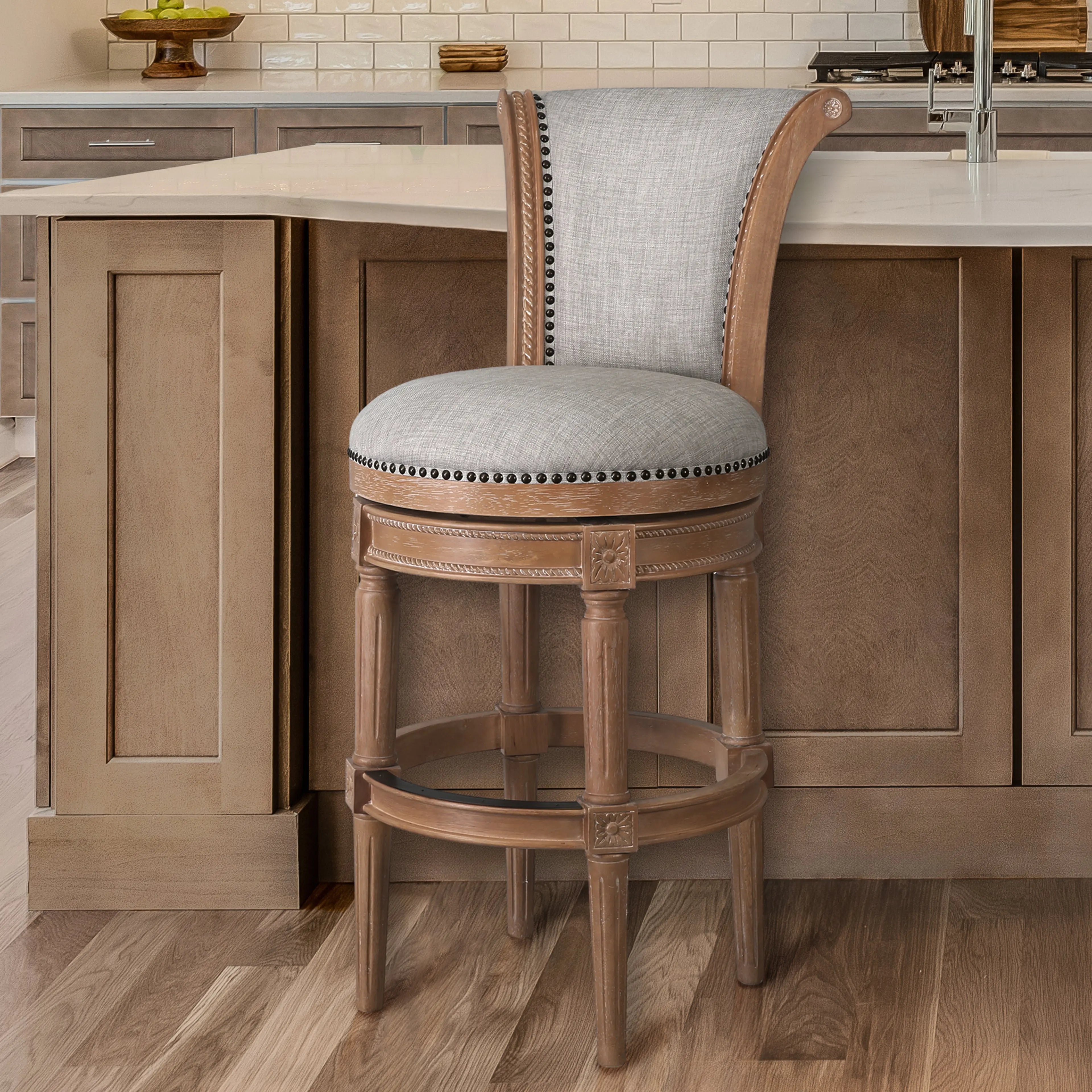 30" Beige and Natural Fabric and Solid Wood Bar Height Swivel Bar Chair Homeroots Living Room