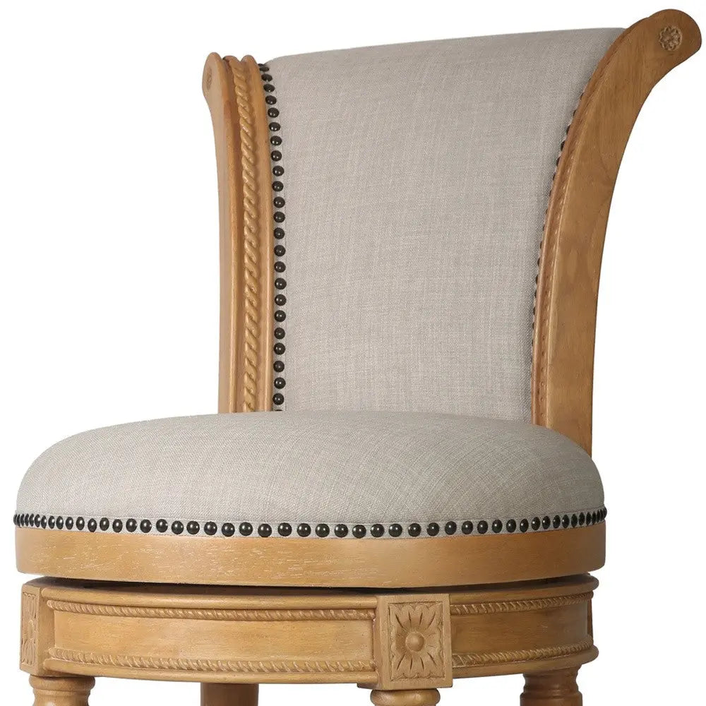 30" Beige and Natural Fabric and Solid Wood Bar Height Swivel Bar Chair Homeroots Living Room