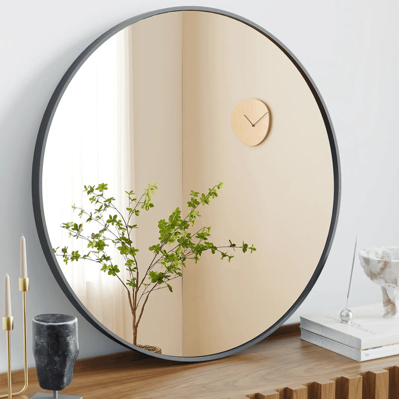 30" Black Aluminum Round Framed Accent Mirror Homeroots Bed & Bath