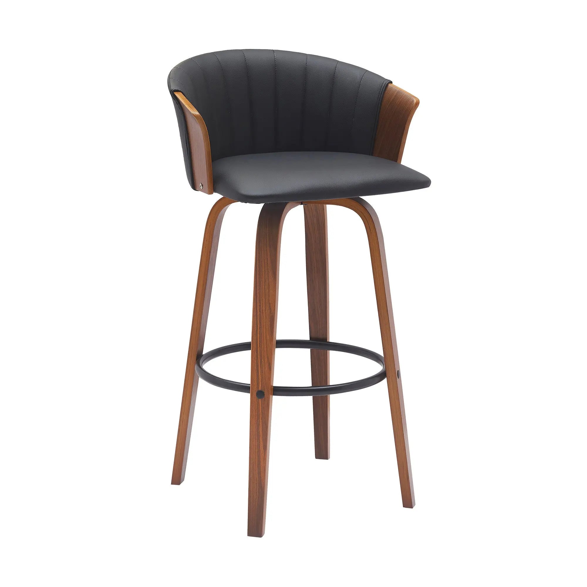 30" Black And Wood Brown Faux Leather Swivel Bar Height Bar Chair Homeroots Living Room