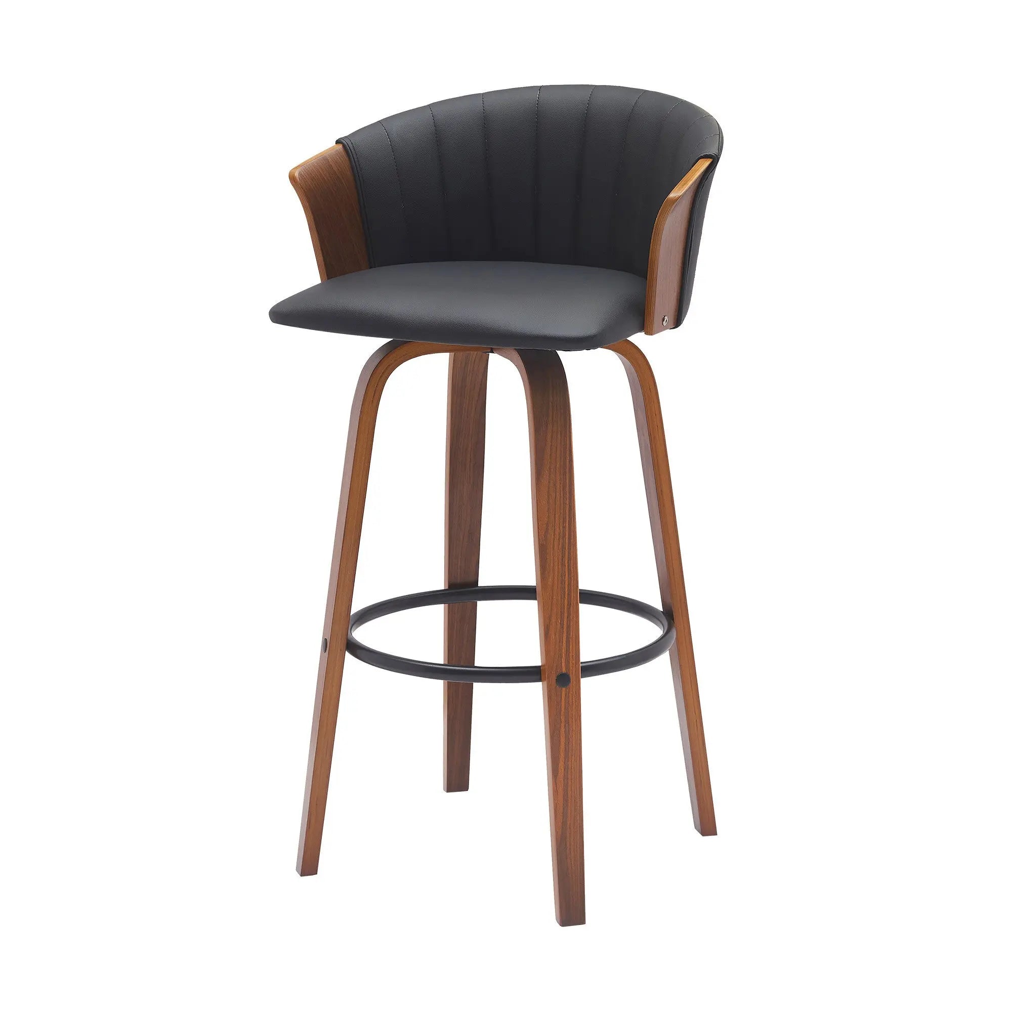 30" Black And Wood Brown Faux Leather Swivel Bar Height Bar Chair Homeroots Living Room