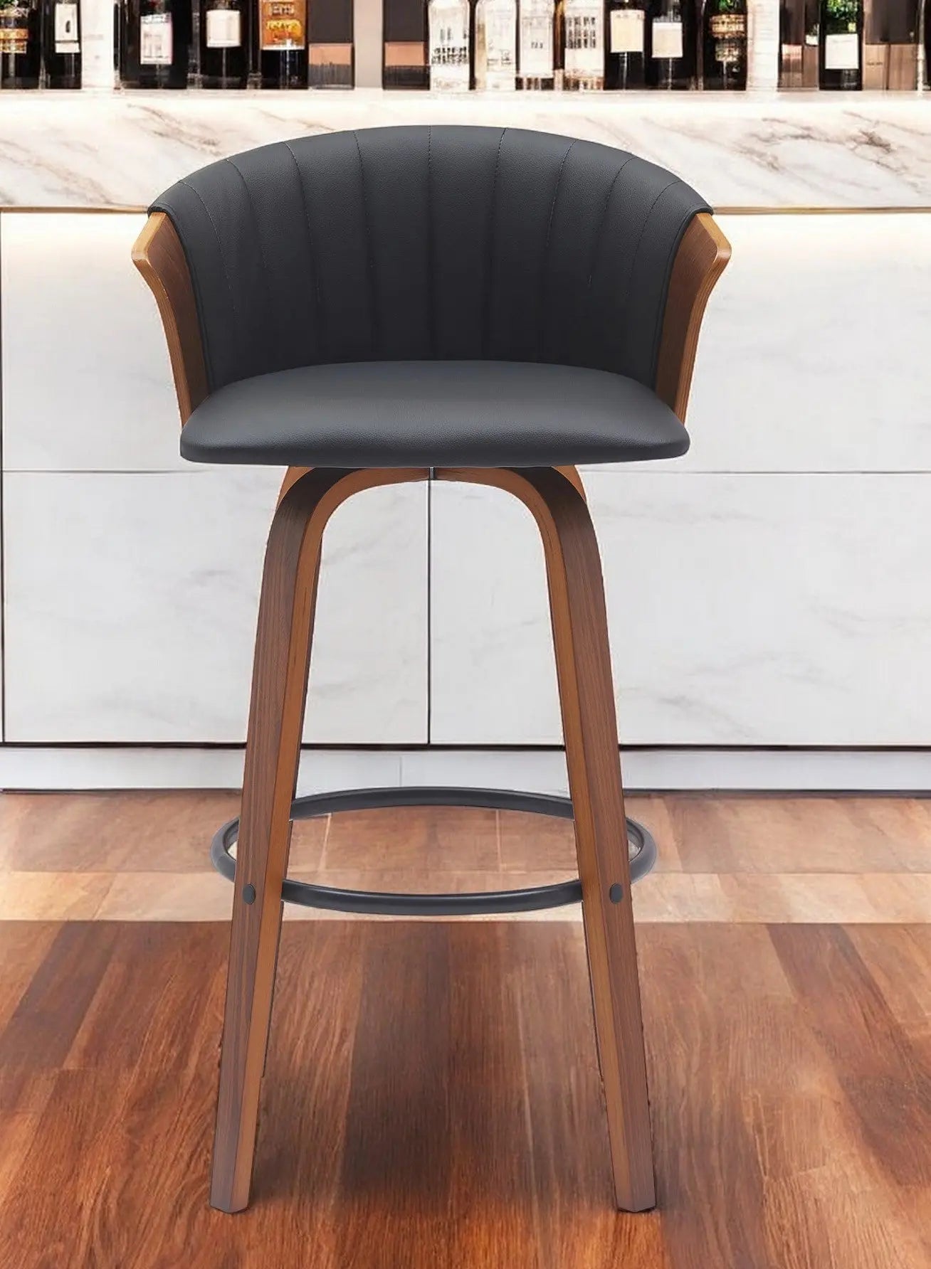 30" Black And Wood Brown Faux Leather Swivel Bar Height Bar Chair Homeroots Living Room