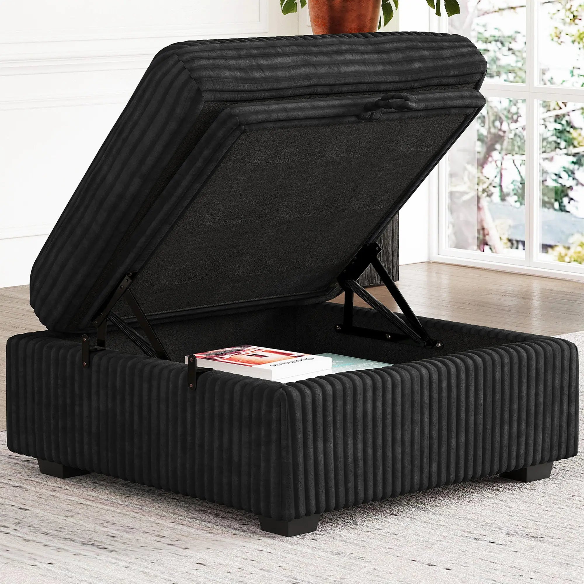 30" Black Corduroy Storage Ottoman Homeroots Living Room