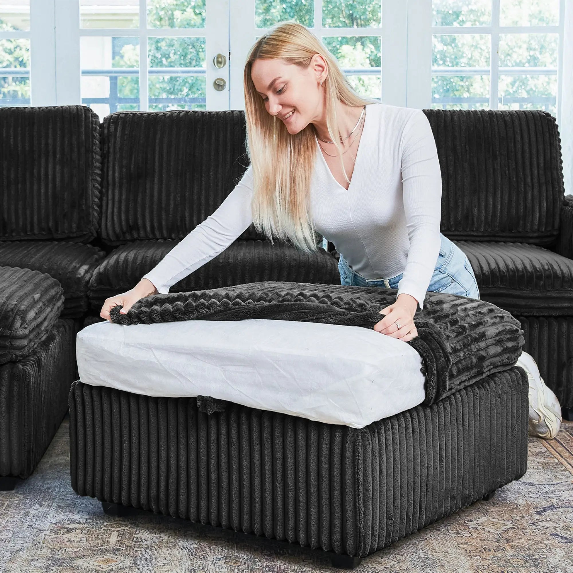 30" Black Corduroy Storage Ottoman Homeroots Living Room