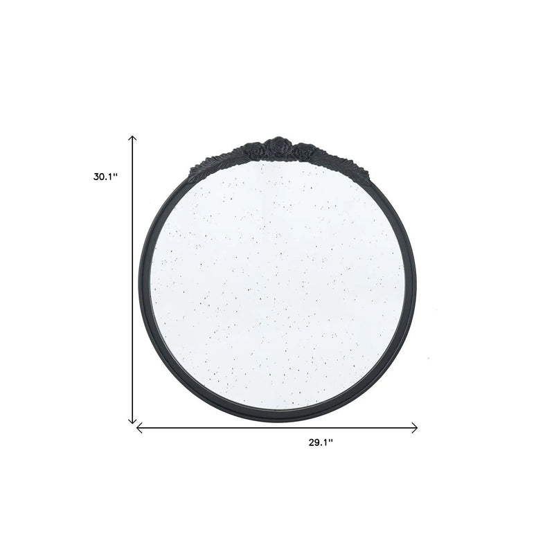 30" Black Crowned Top Antiqued Glass Round Framed Accent Mirror Homeroots Bed & Bath