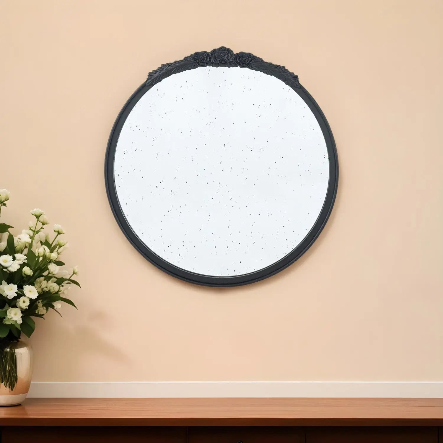 30" Black Crowned Top Antiqued Glass Round Framed Accent Mirror Homeroots Bed & Bath
