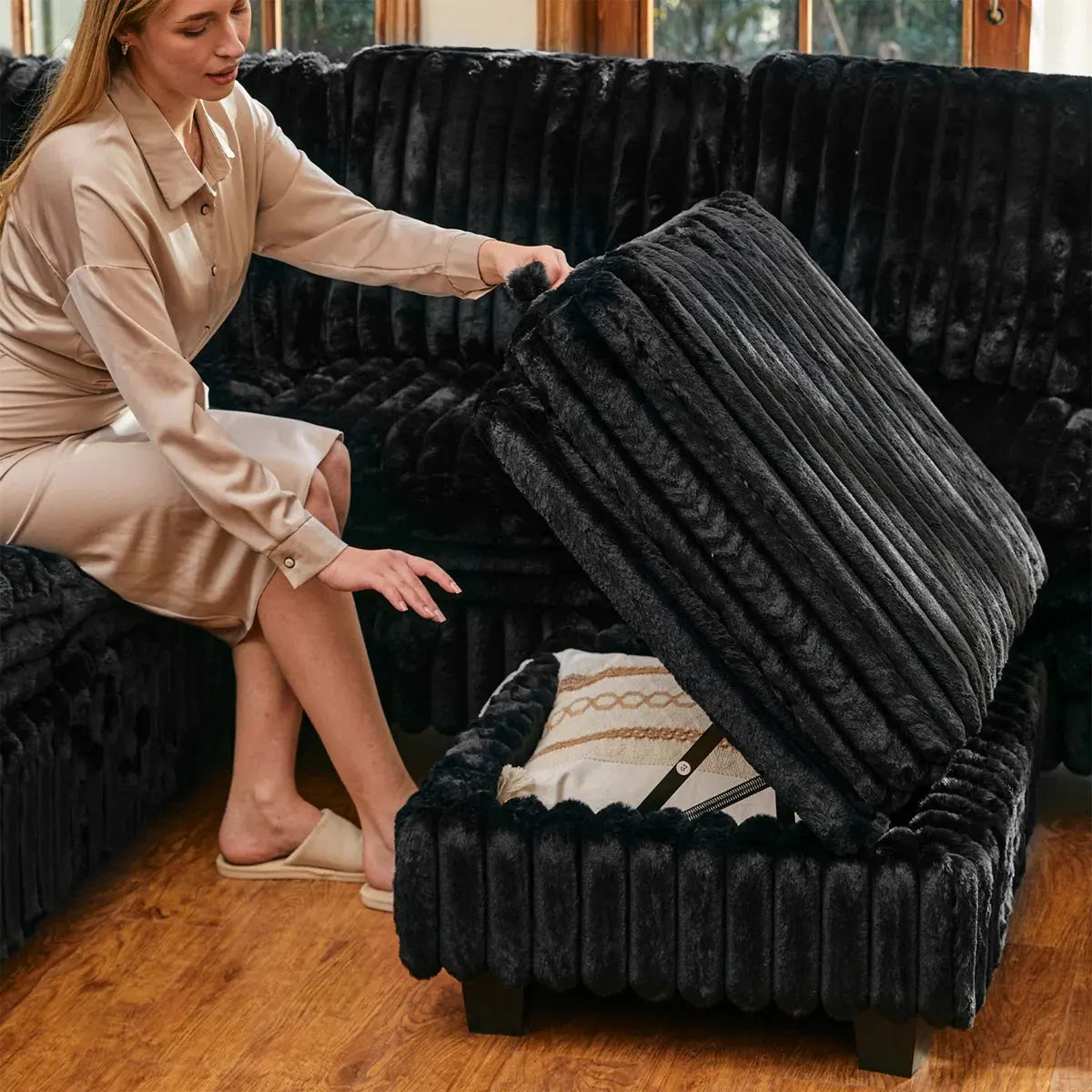 30" Black Faux Fur Storage Ottoman Homeroots Living Room