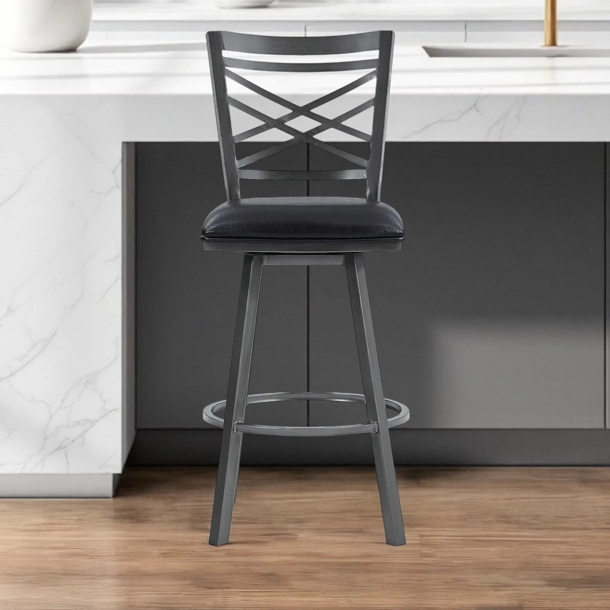 30" Black Faux Leather and Iron Bar Height Swivel Bar Chair - GreatEagleInc