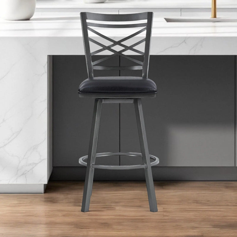 30" Black Faux Leather and Iron Bar Height Swivel Bar Chair - GreatEagleInc