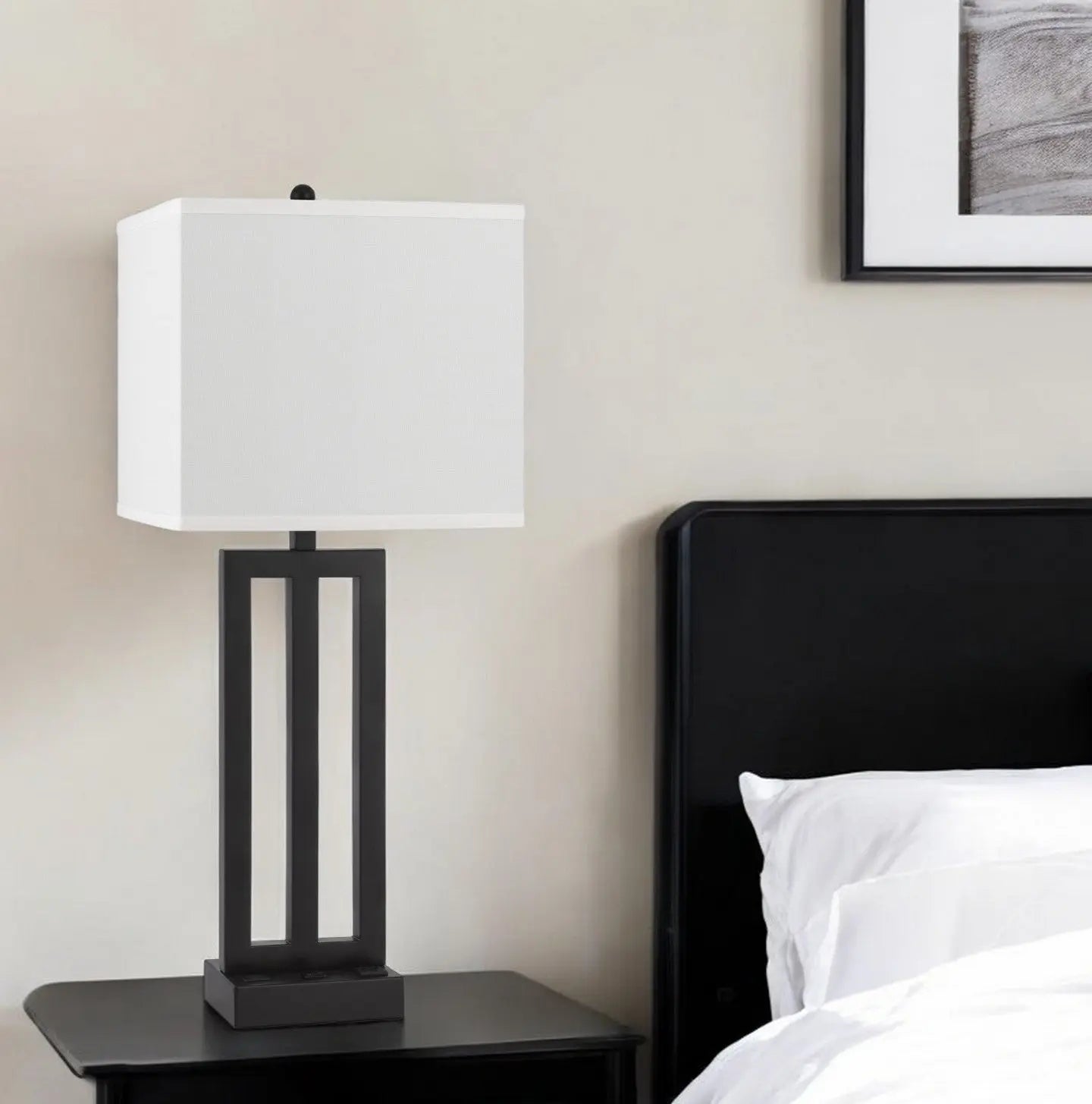 30" Black Metal USB Table Lamp With White Shade Homeroots Lighting