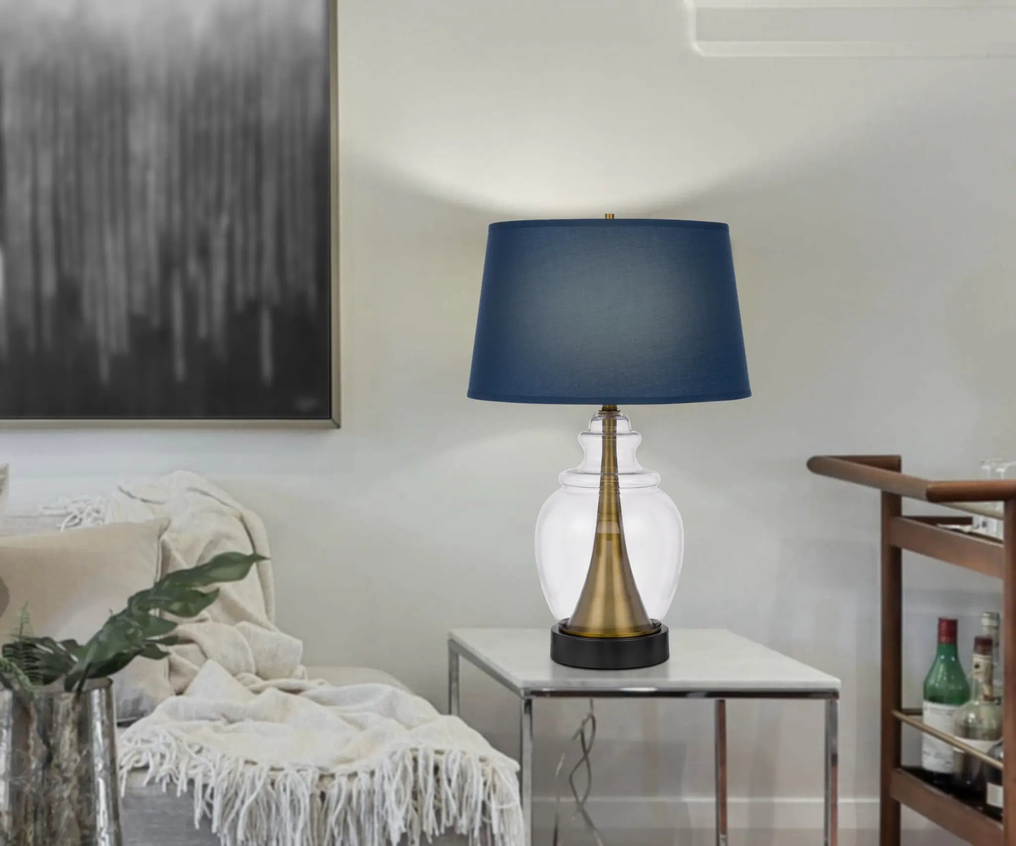 30" Black Metal Urn Table Lamp With Navy Blue Empire Shade Homeroots Lighting