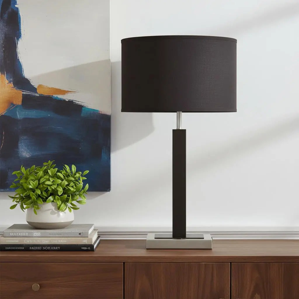 30" Black Polyresin Table Lamp With Brown Classic Drum Shade Homeroots Lighting
