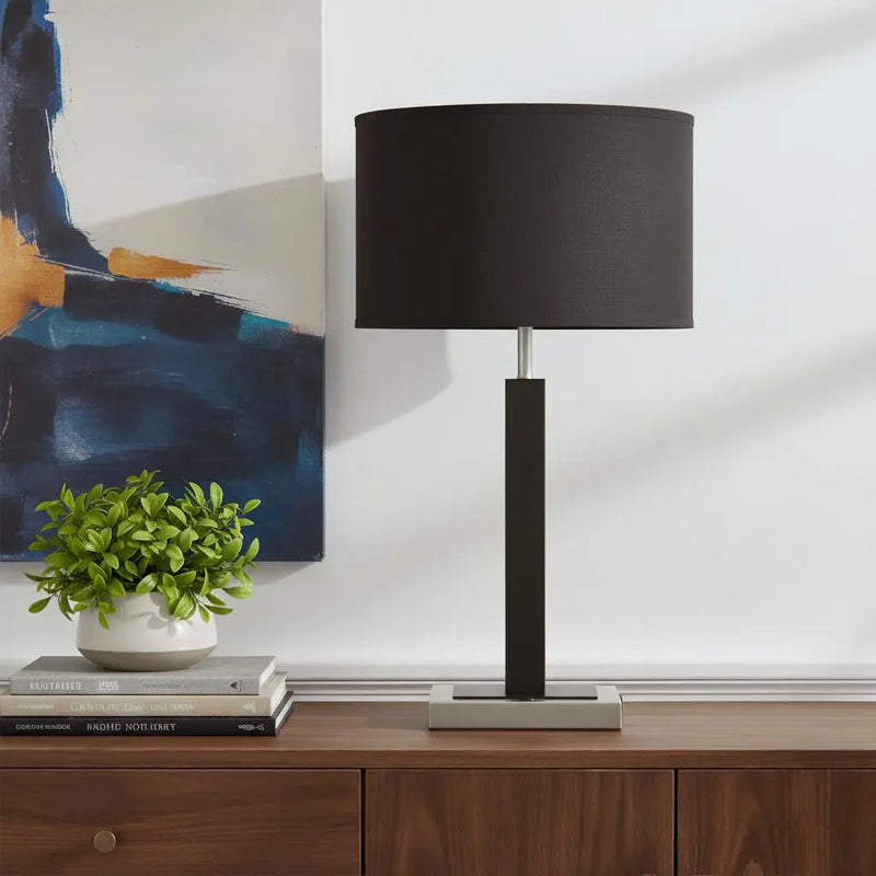30" Black Polyresin Table Lamp With Brown Classic Drum Shade Homeroots Lighting