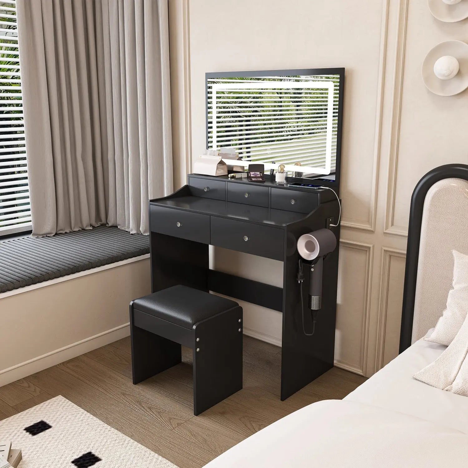 30" Black Wood Mirrored Vanity Table Homeroots Living Room