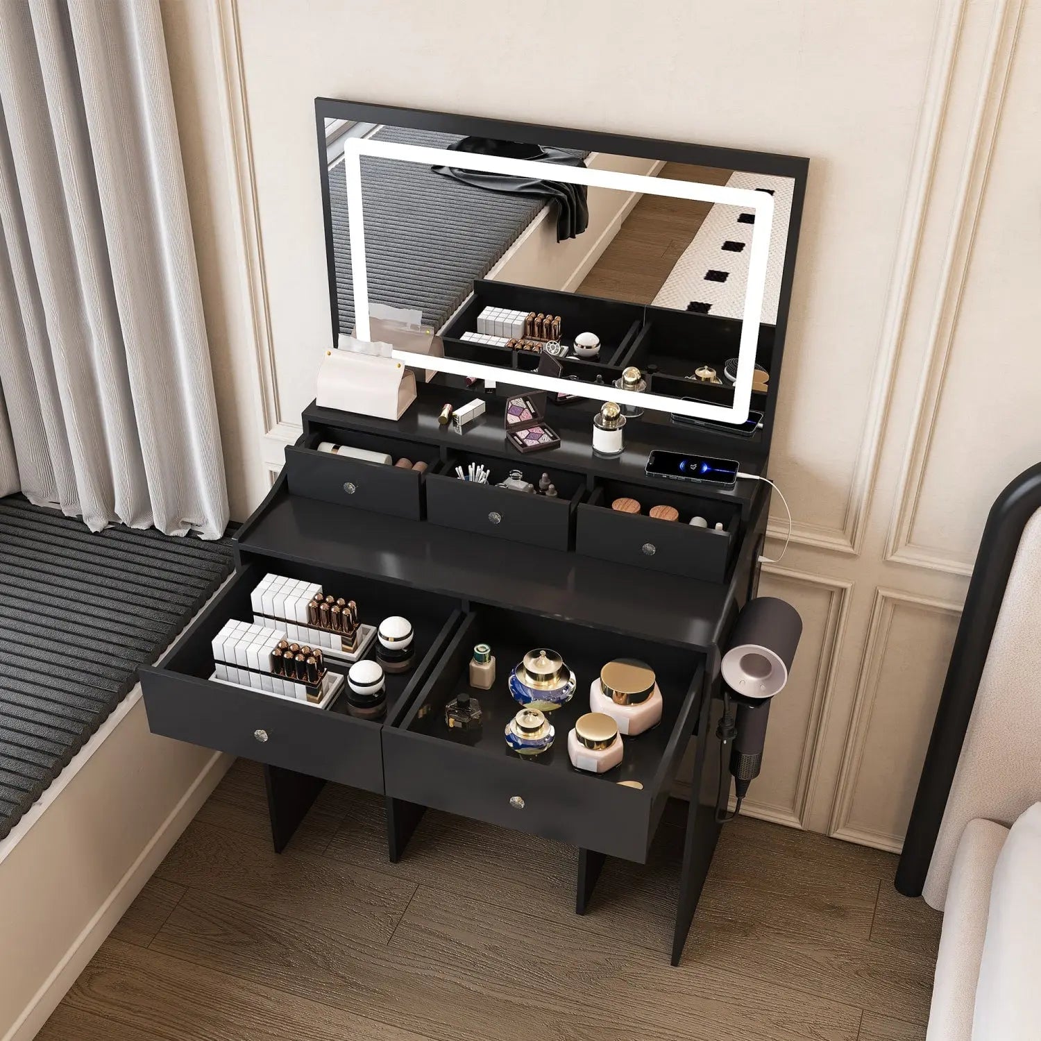 30" Black Wood Mirrored Vanity Table Homeroots Living Room