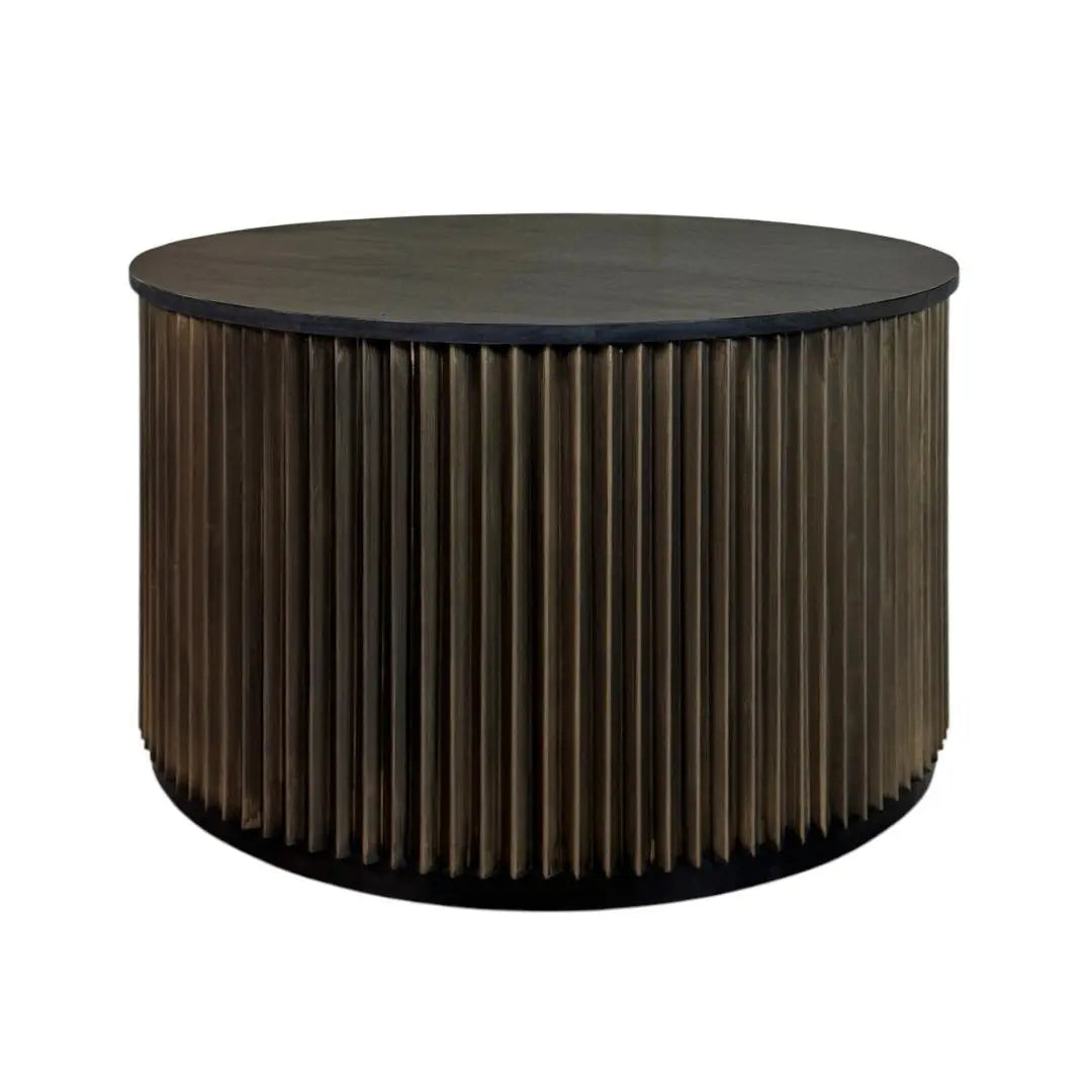 30" Black and Brass Solid Wood and Aluminum Round Solid Drum Coffee Table Homeroots Living Room