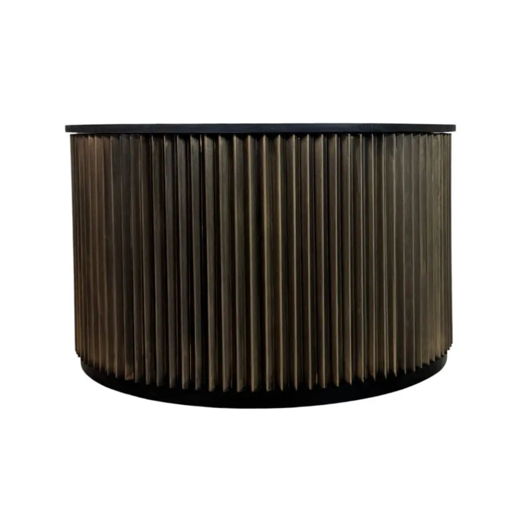 30" Black and Brass Solid Wood and Aluminum Round Solid Drum Coffee Table Homeroots Living Room