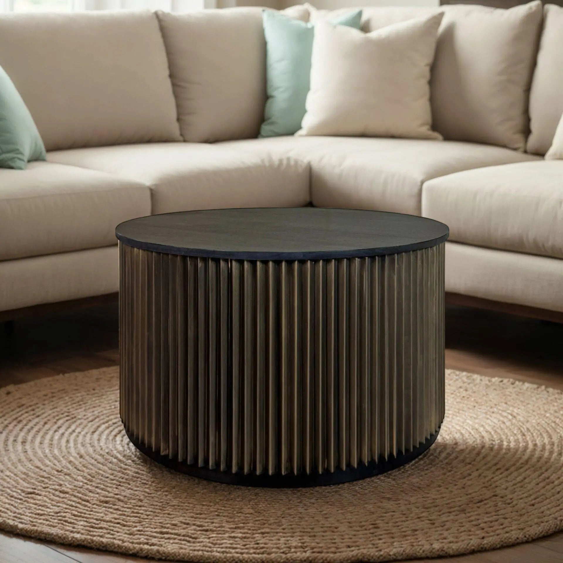30" Black and Brass Solid Wood and Aluminum Round Solid Drum Coffee Table Homeroots Living Room