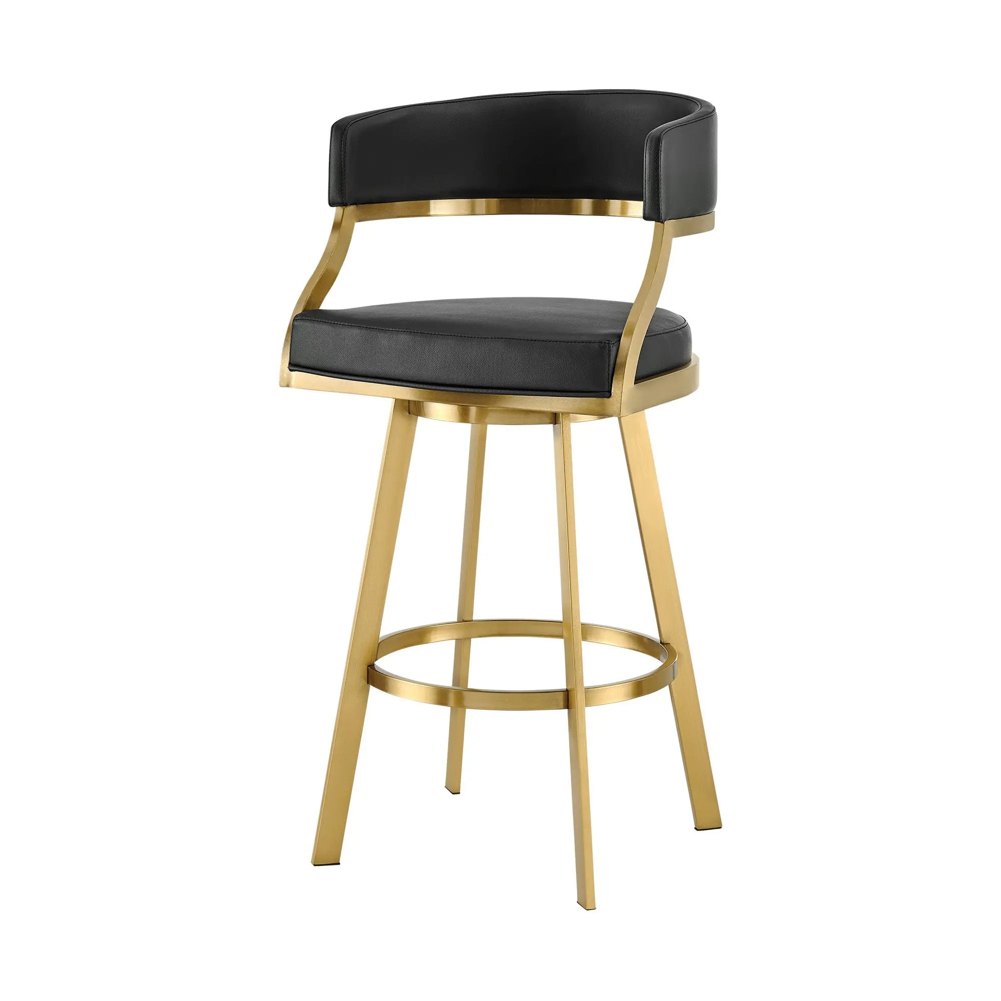 30" Black and Gold Faux Leather and Stainless Steel Low Back Bar Height Swivel Bar Chair Homeroots Living Room