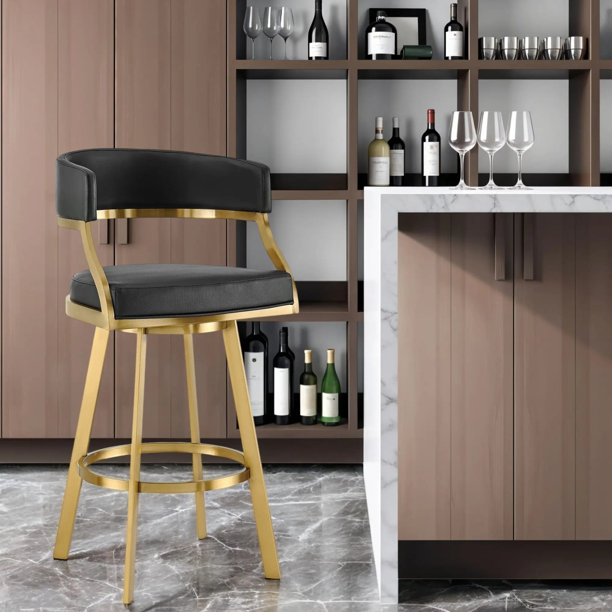 30" Black and Gold Faux Leather and Stainless Steel Low Back Bar Height Swivel Bar Chair Homeroots Living Room