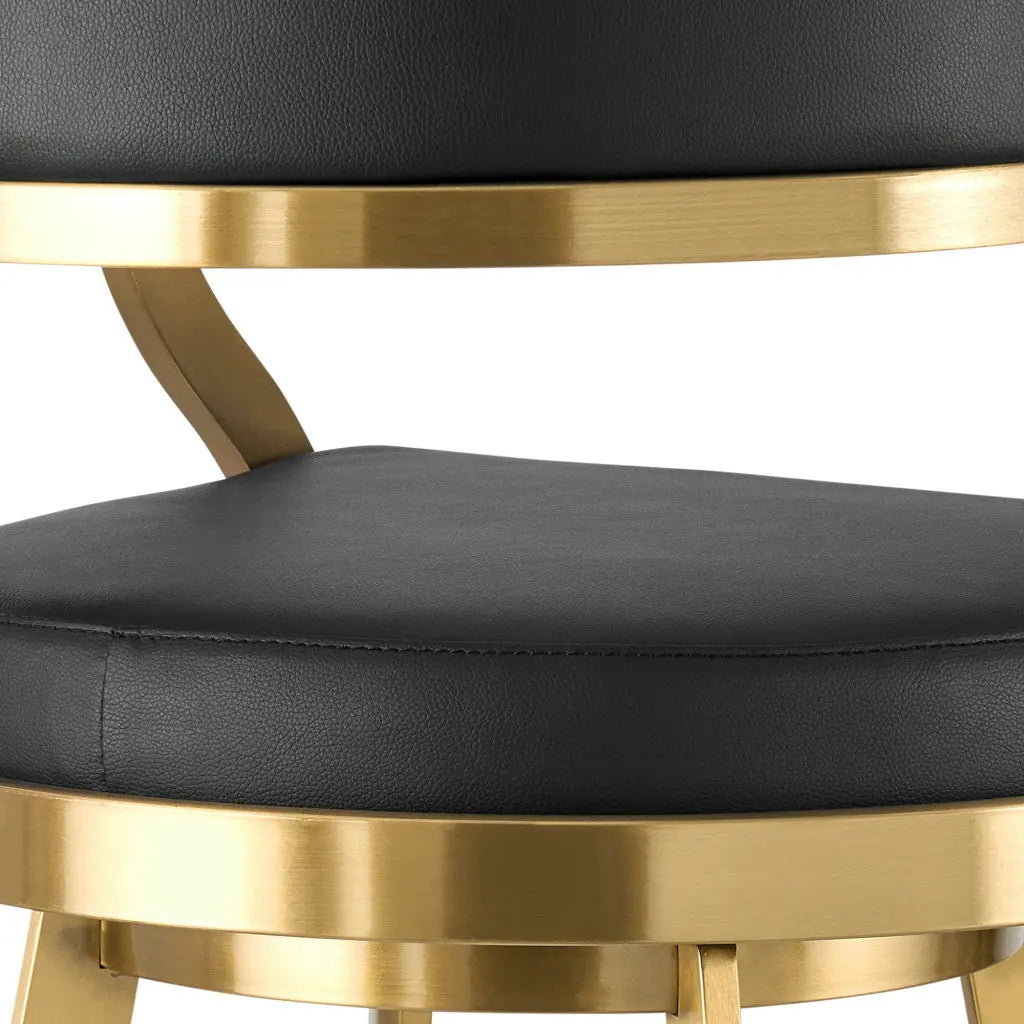 30" Black and Gold Faux Leather and Stainless Steel Low Back Bar Height Swivel Bar Chair Homeroots Living Room