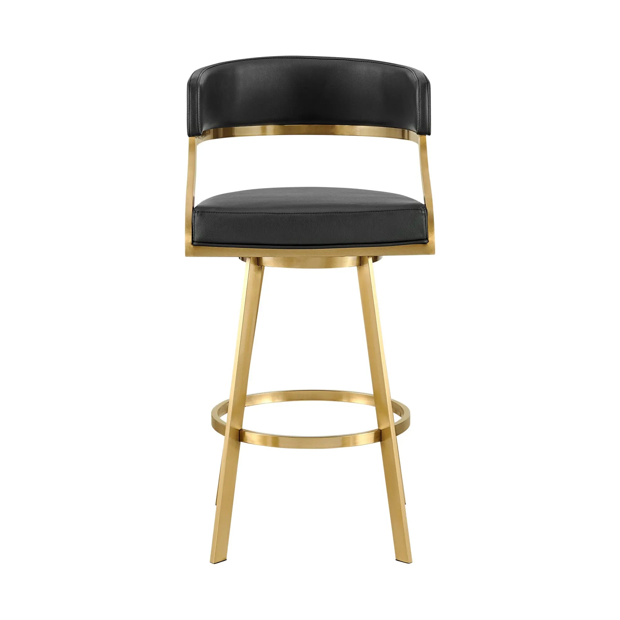 30" Black and Gold Faux Leather and Stainless Steel Low Back Bar Height Swivel Bar Chair Homeroots Living Room