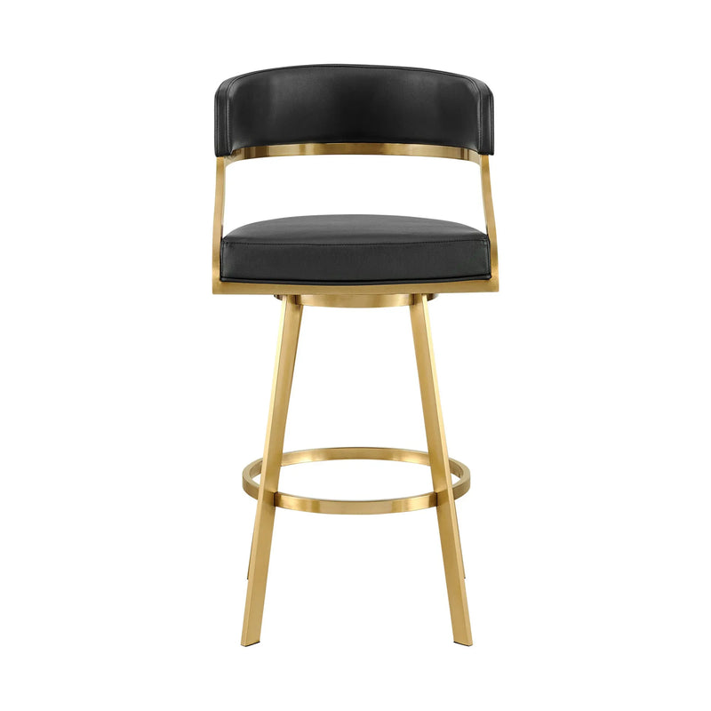 30" Black and Gold Faux Leather and Stainless Steel Low Back Bar Height Swivel Bar Chair Homeroots Living Room