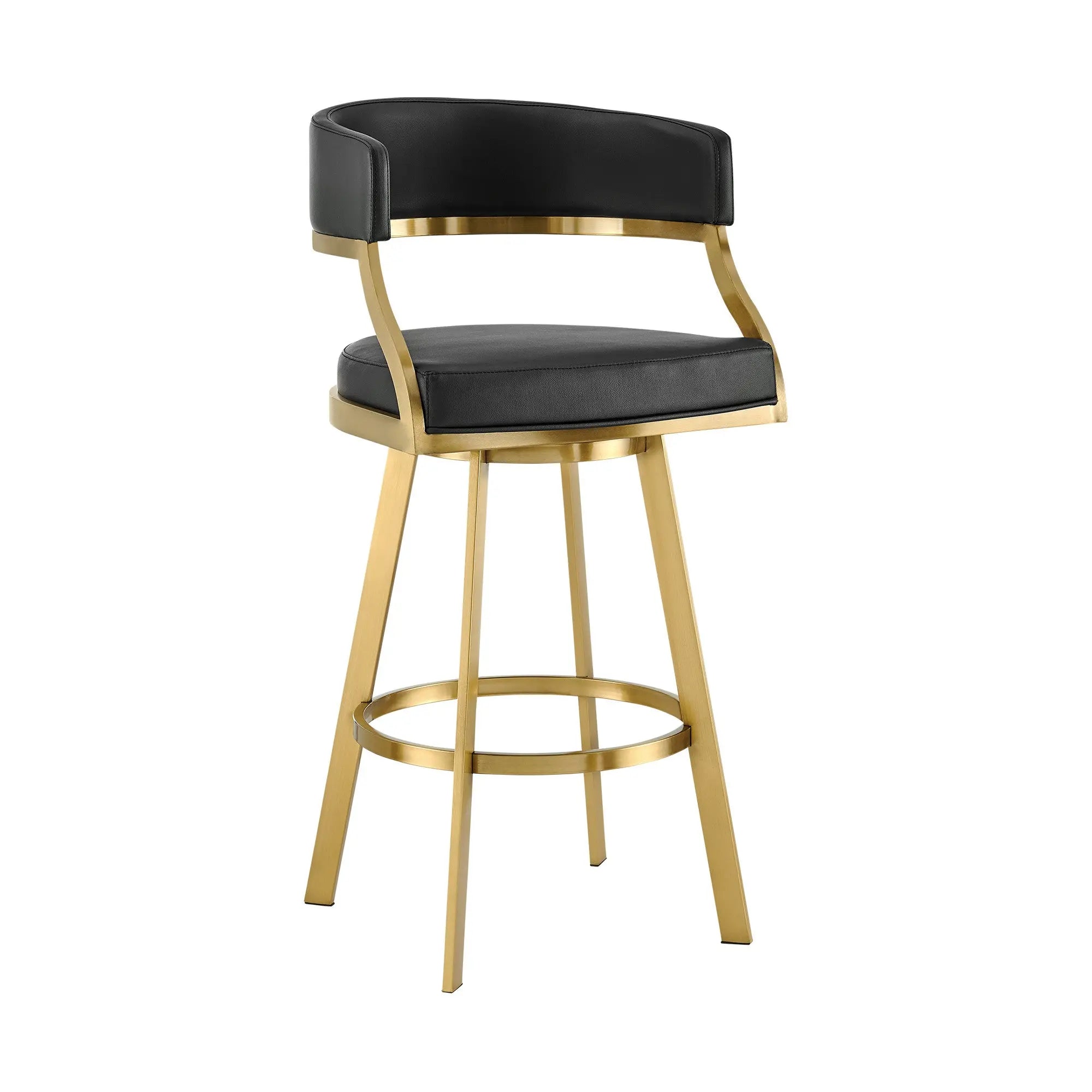 30" Black and Gold Faux Leather and Stainless Steel Low Back Bar Height Swivel Bar Chair Homeroots Living Room