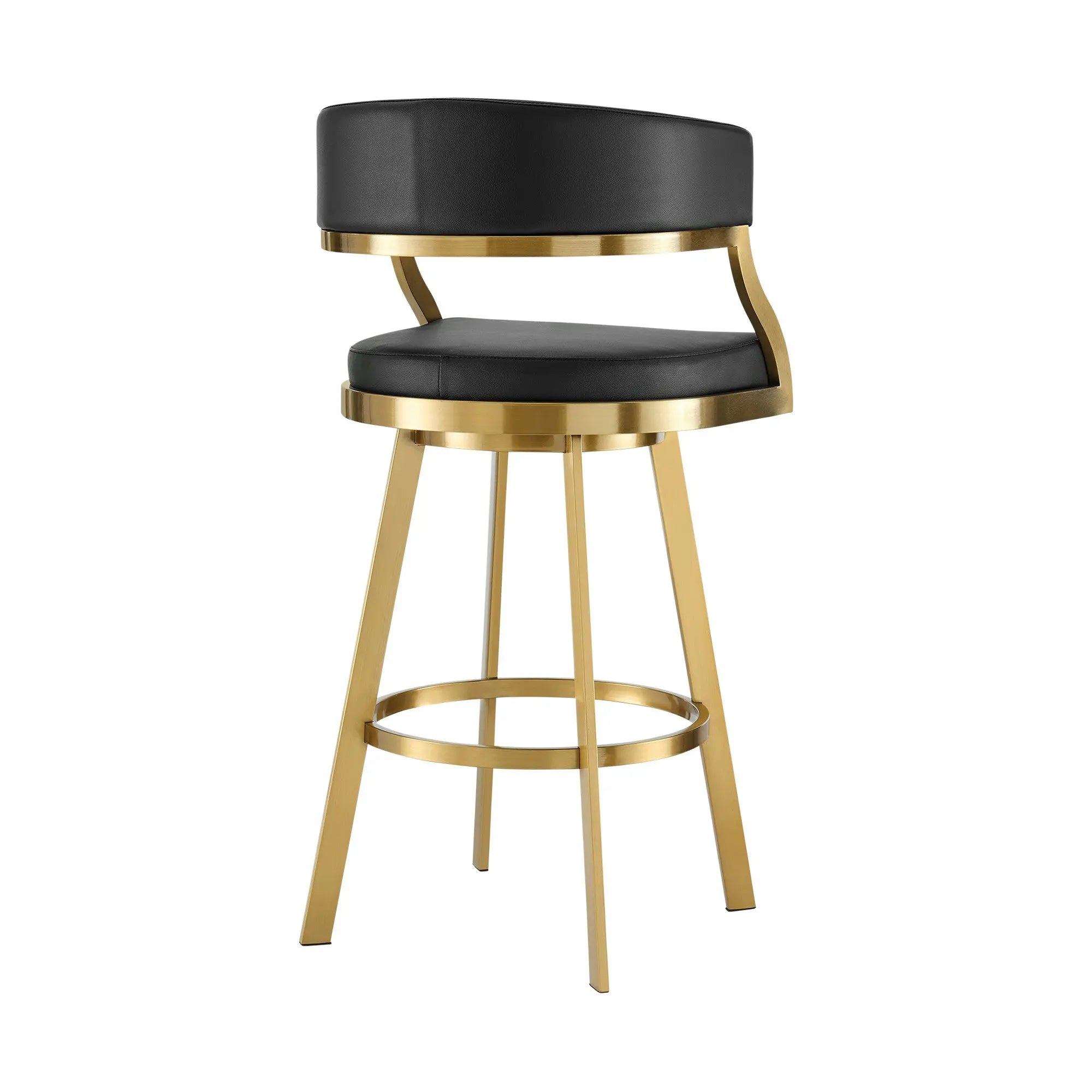 30" Black and Gold Faux Leather and Stainless Steel Low Back Bar Height Swivel Bar Chair Homeroots Living Room