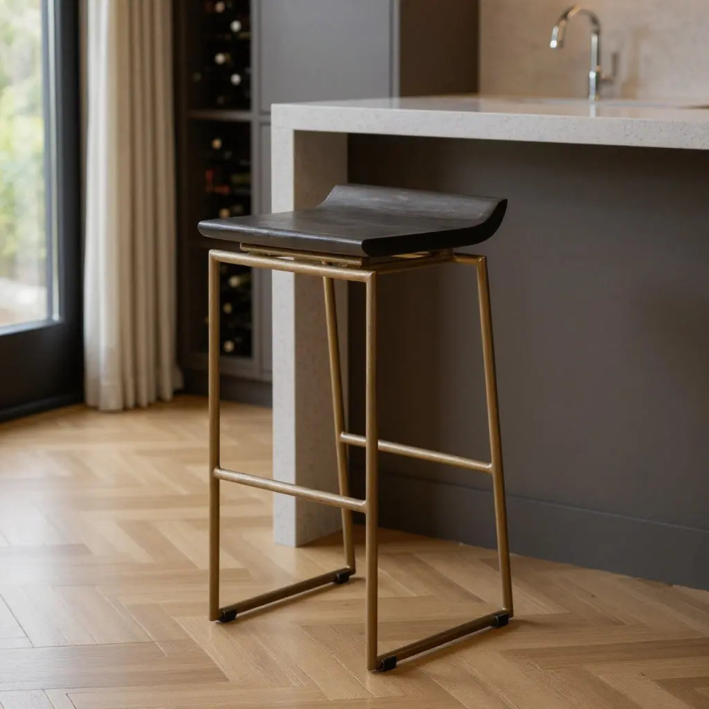 30" Black and Gold Solid Wood and Metal Backless Bar Height Bar Chair Homeroots Living Room