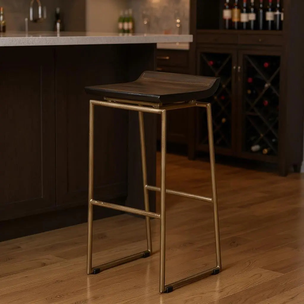 30" Black and Gold Solid Wood and Metal Backless Bar Height Bar Chair Homeroots Living Room