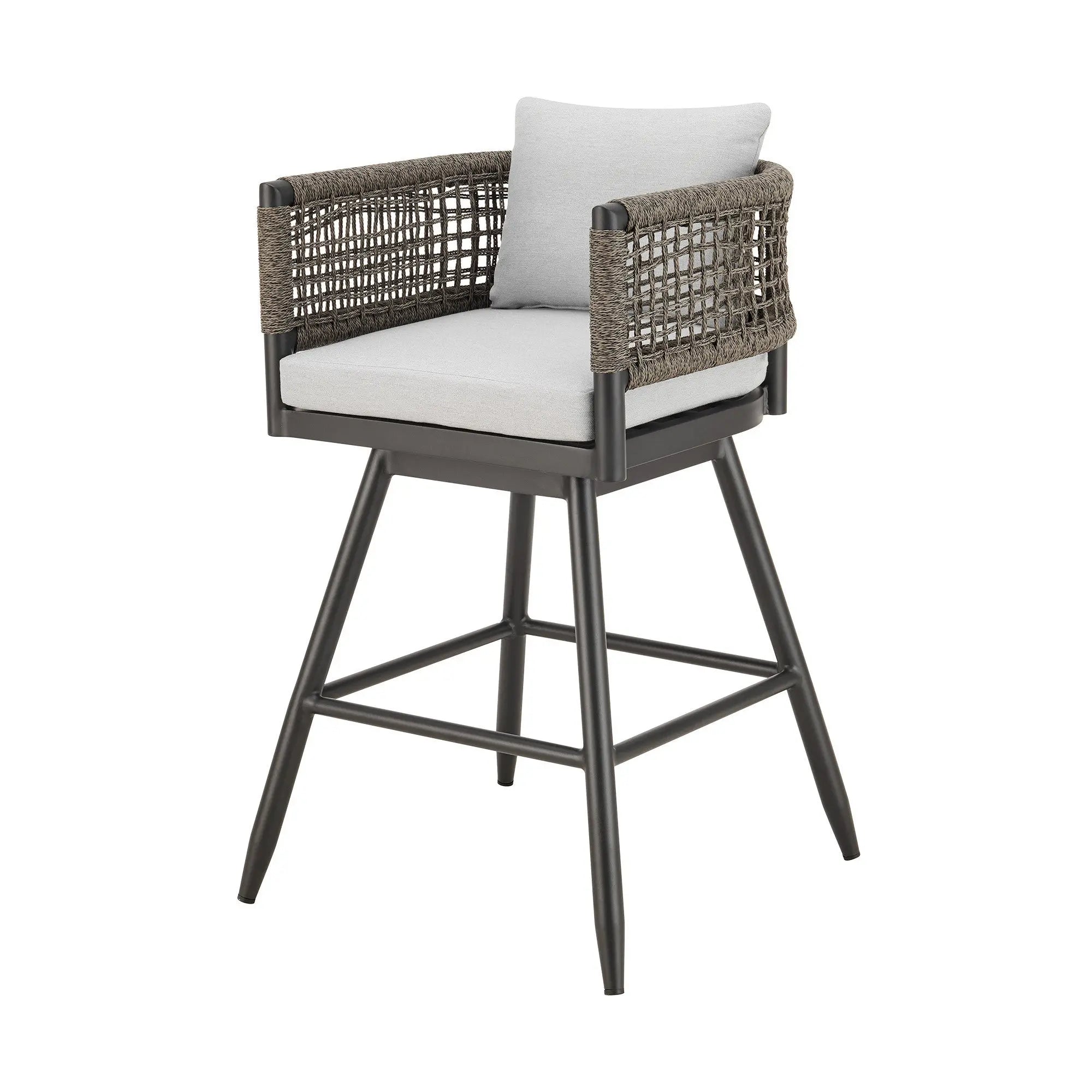30" Black and Light Gray Aluminum Swivel Rope Back Outdoor Bar Height Chair with Footrest Homeroots Outdoor