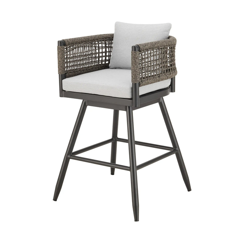 30" Black and Light Gray Aluminum Swivel Rope Back Outdoor Bar Height Chair with Footrest Homeroots Outdoor
