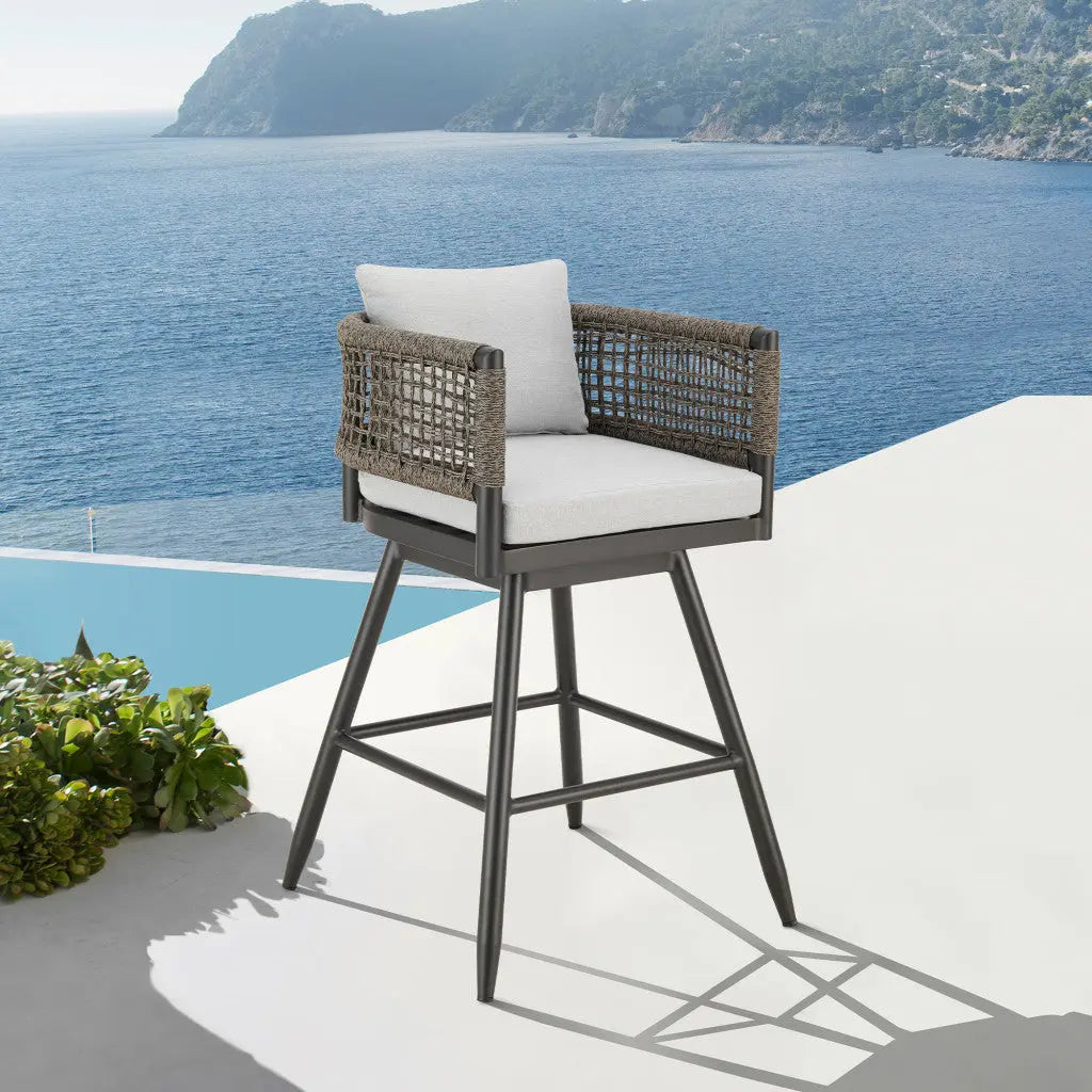 30" Black and Light Gray Aluminum Swivel Rope Back Outdoor Bar Height Chair with Footrest Homeroots Outdoor
