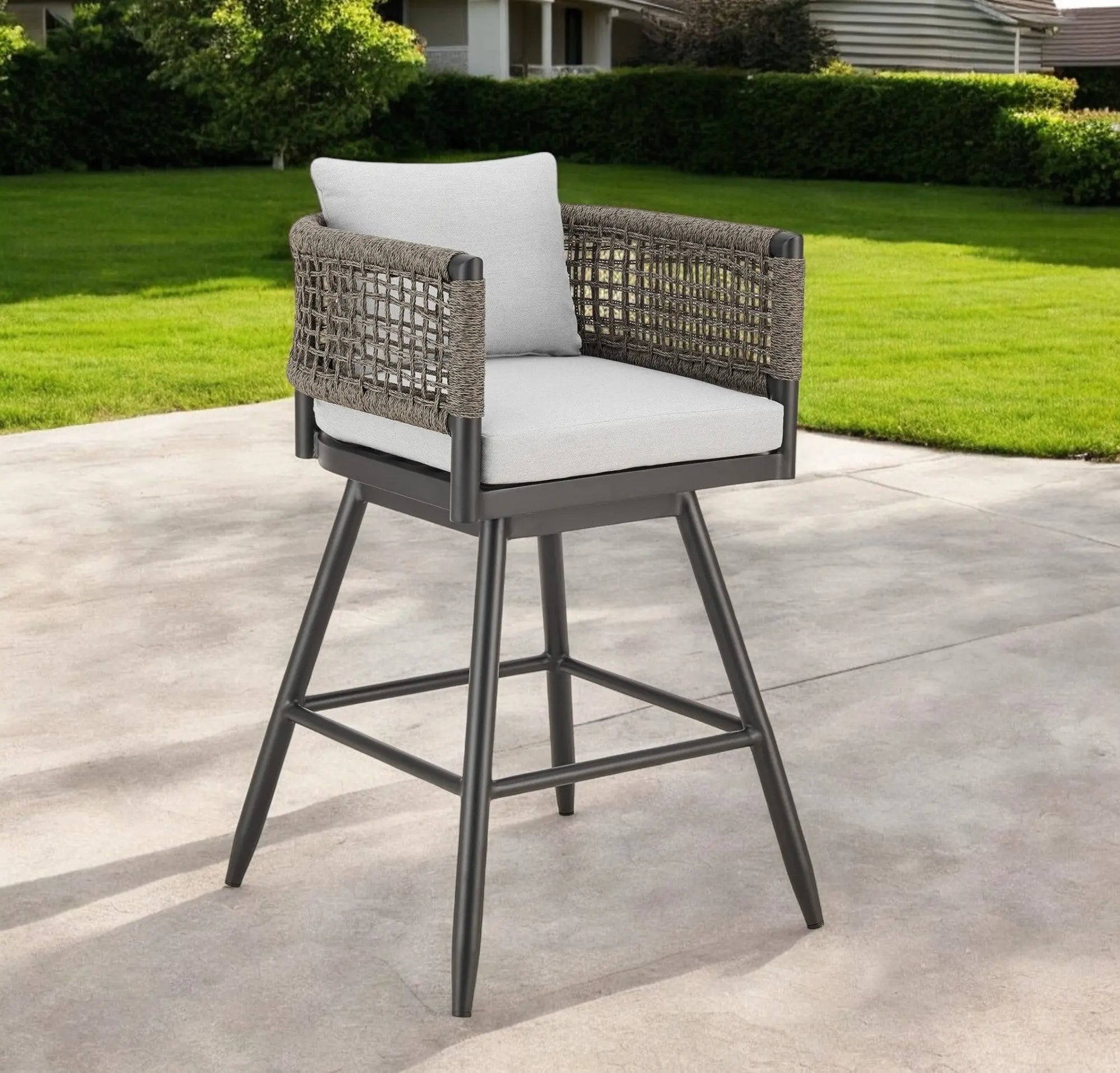 30" Black and Light Gray Aluminum Swivel Rope Back Outdoor Bar Height Chair with Footrest Homeroots Outdoor