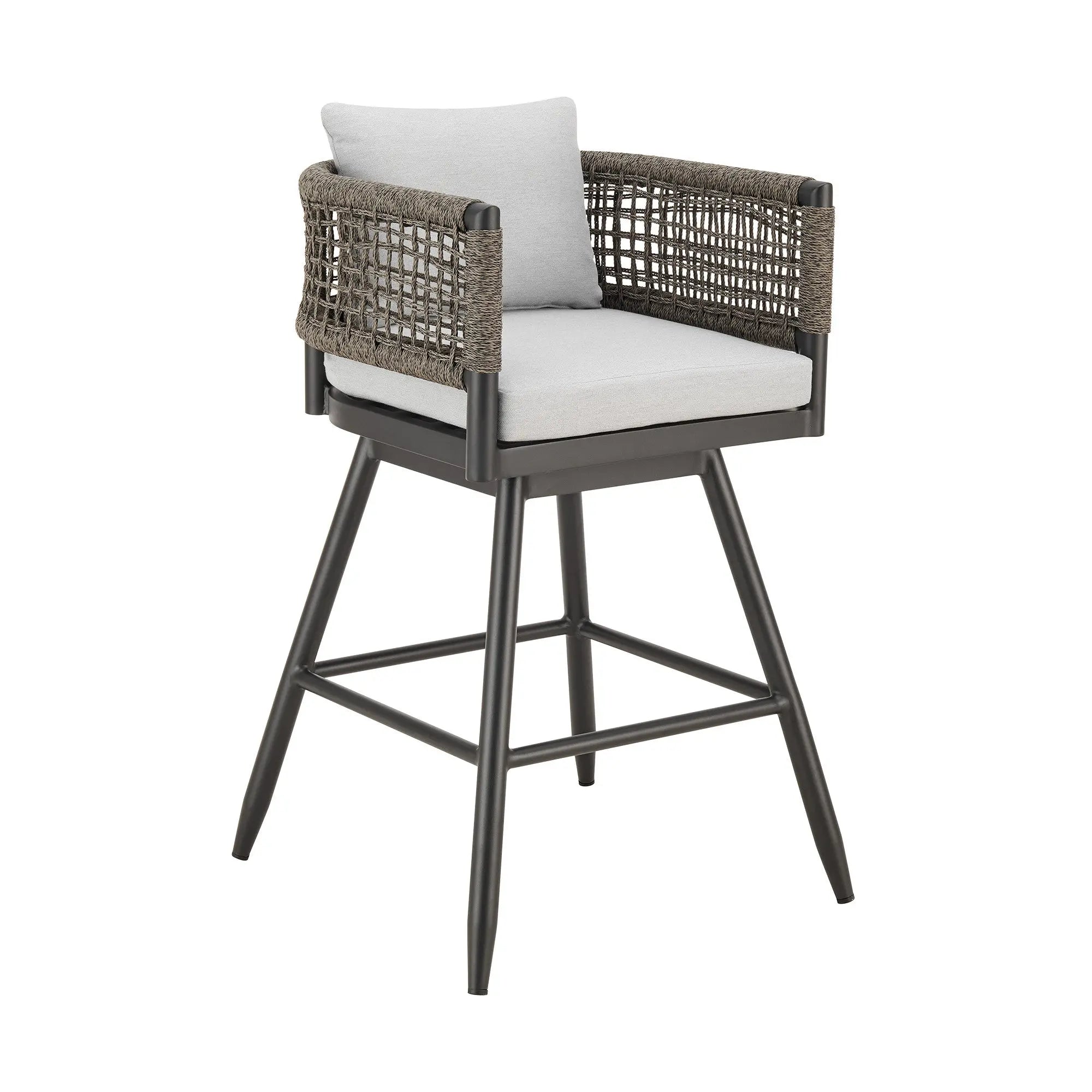 30" Black and Light Gray Aluminum Swivel Rope Back Outdoor Bar Height Chair with Footrest Homeroots Outdoor