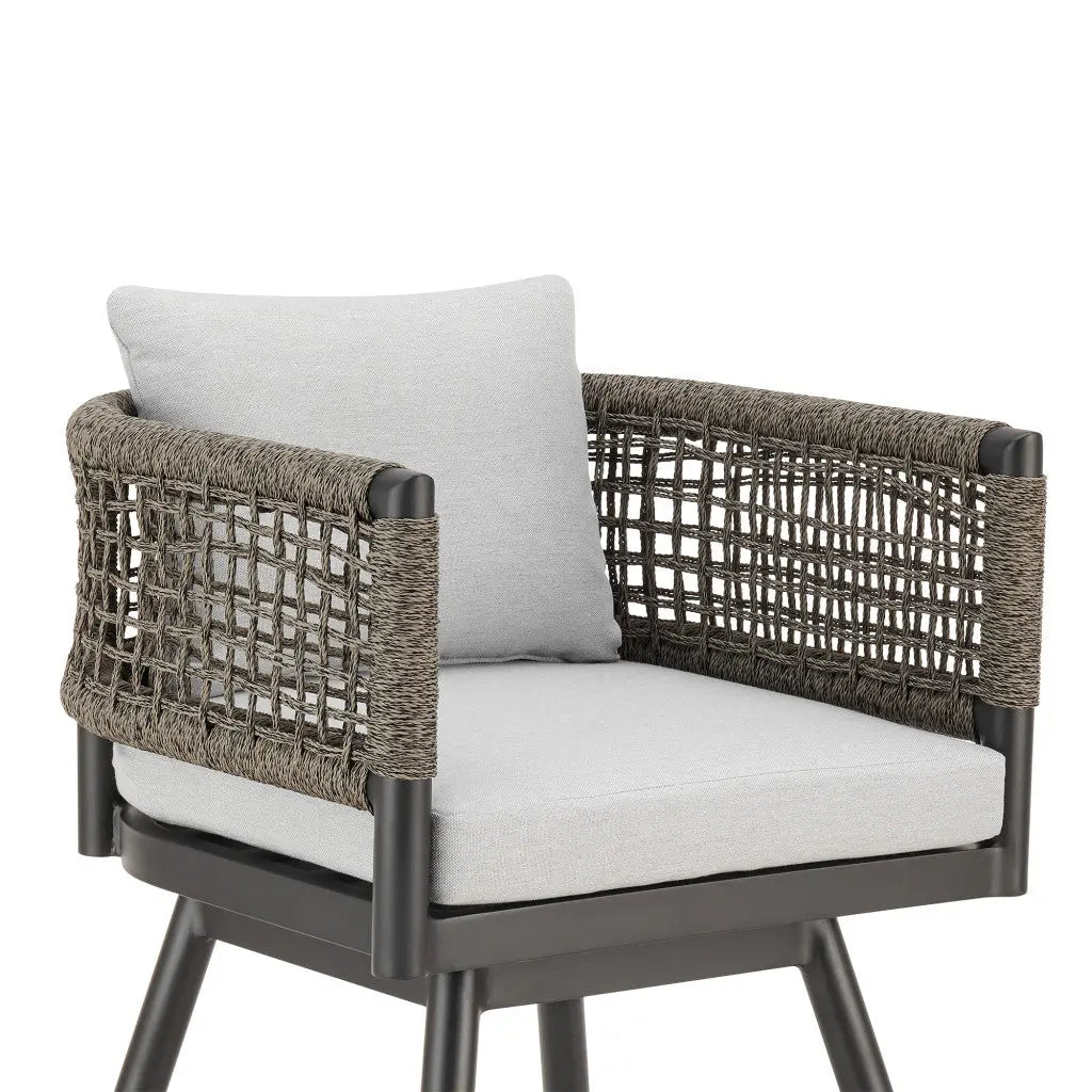 30" Black and Light Gray Aluminum Swivel Rope Back Outdoor Bar Height Chair with Footrest Homeroots Outdoor