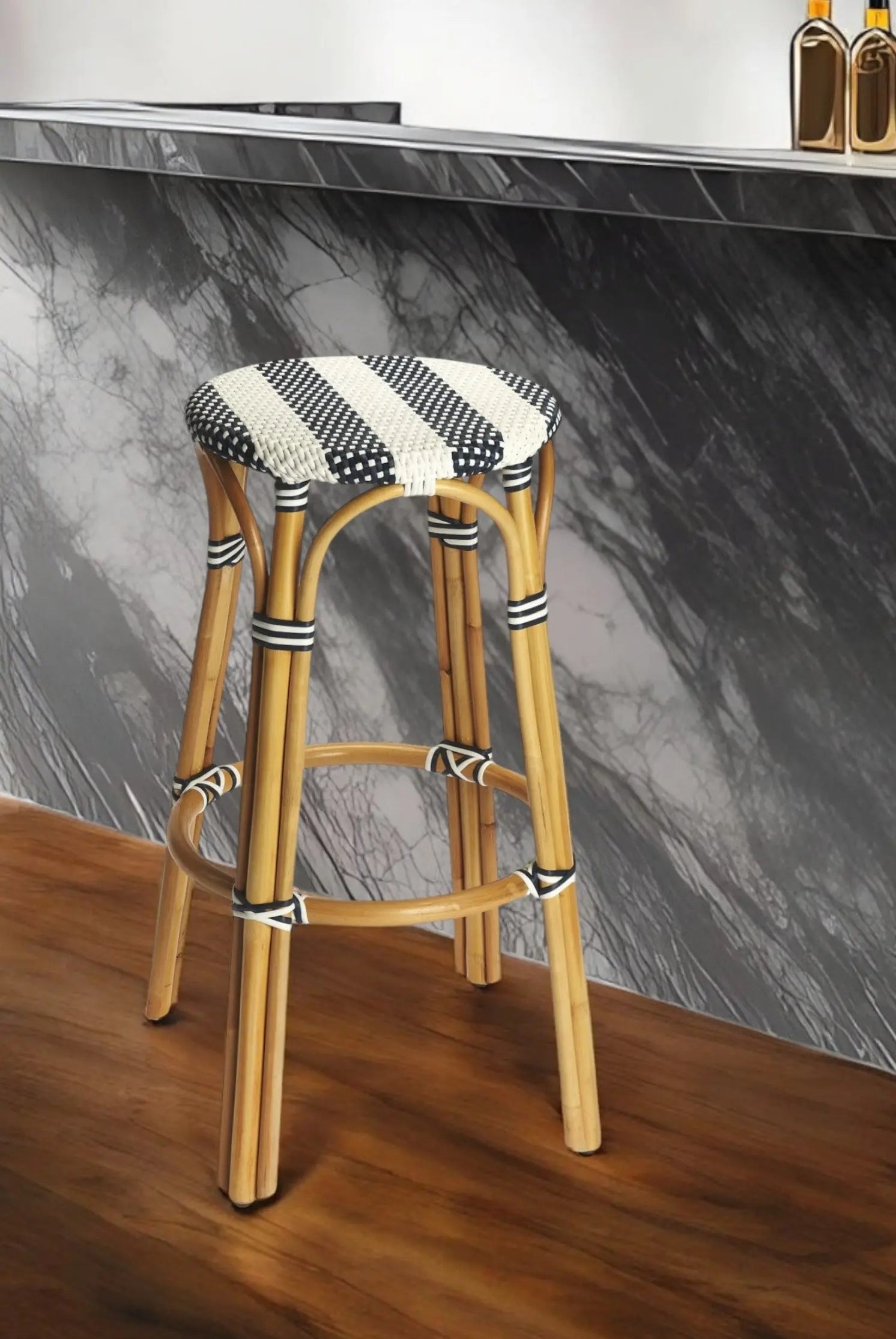 30" Blue and White and Natural Heavy Duty Rattan Backless Bar Height Bar Chair Homeroots Living Room