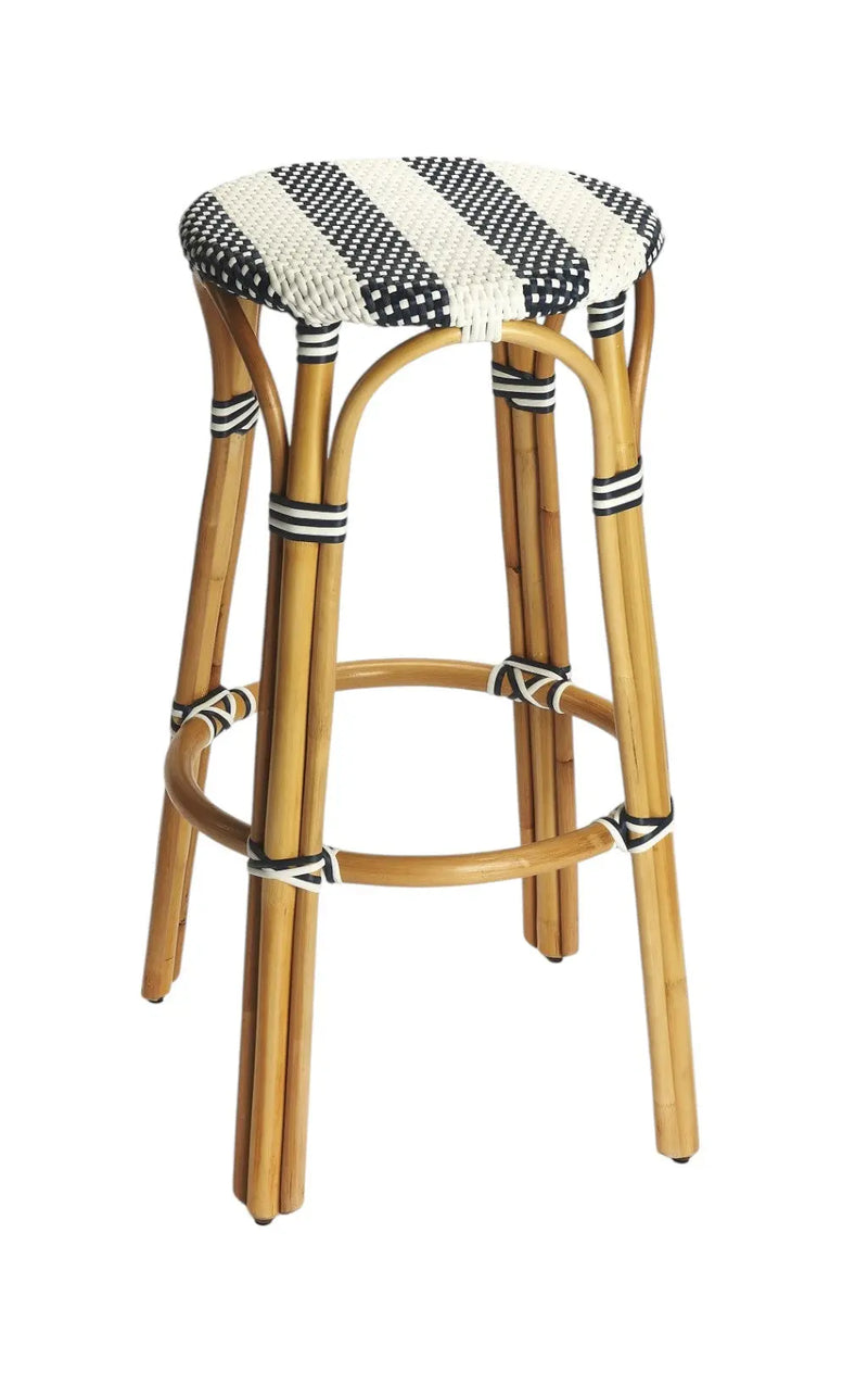 30" Blue and White and Natural Heavy Duty Rattan Backless Bar Height Bar Chair Homeroots Living Room