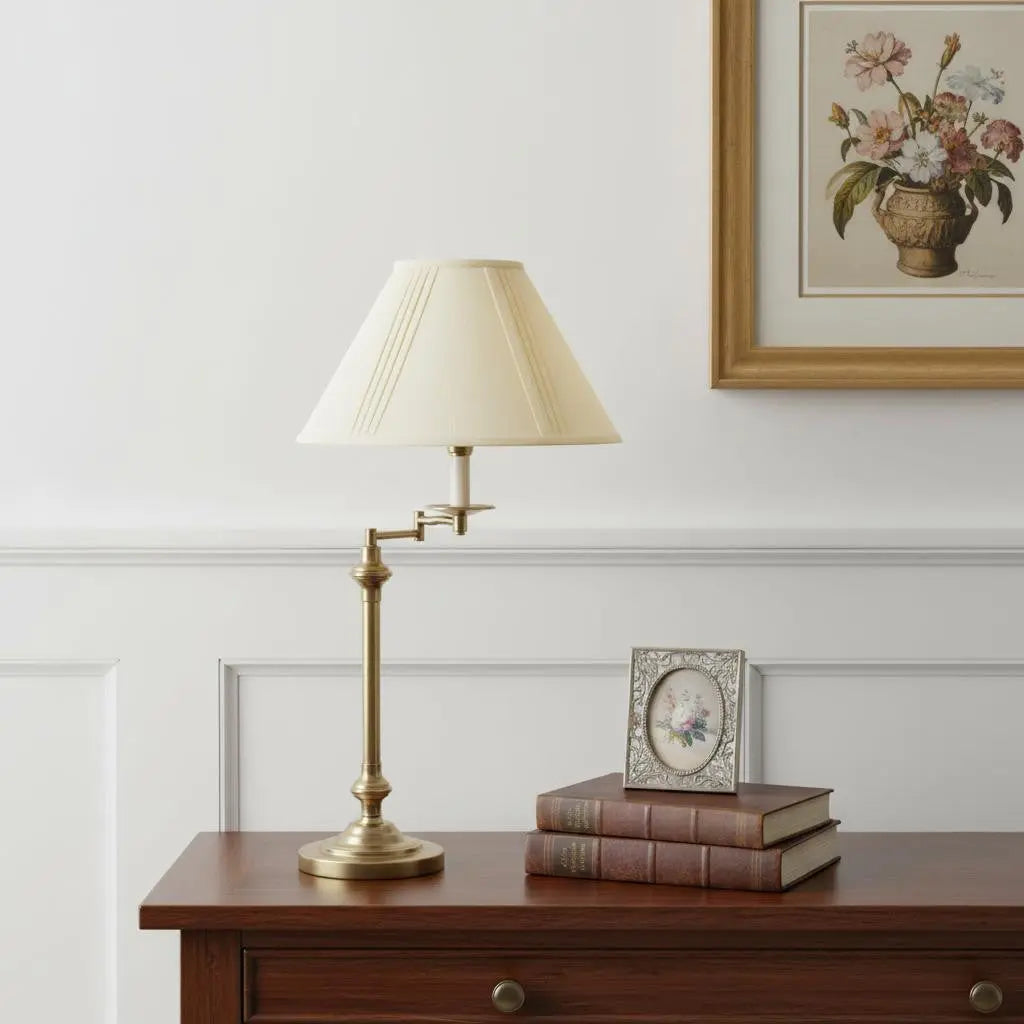 30" Bronze Metal Swing Arm Table Lamp With Off White Empire Shade Homeroots Lighting