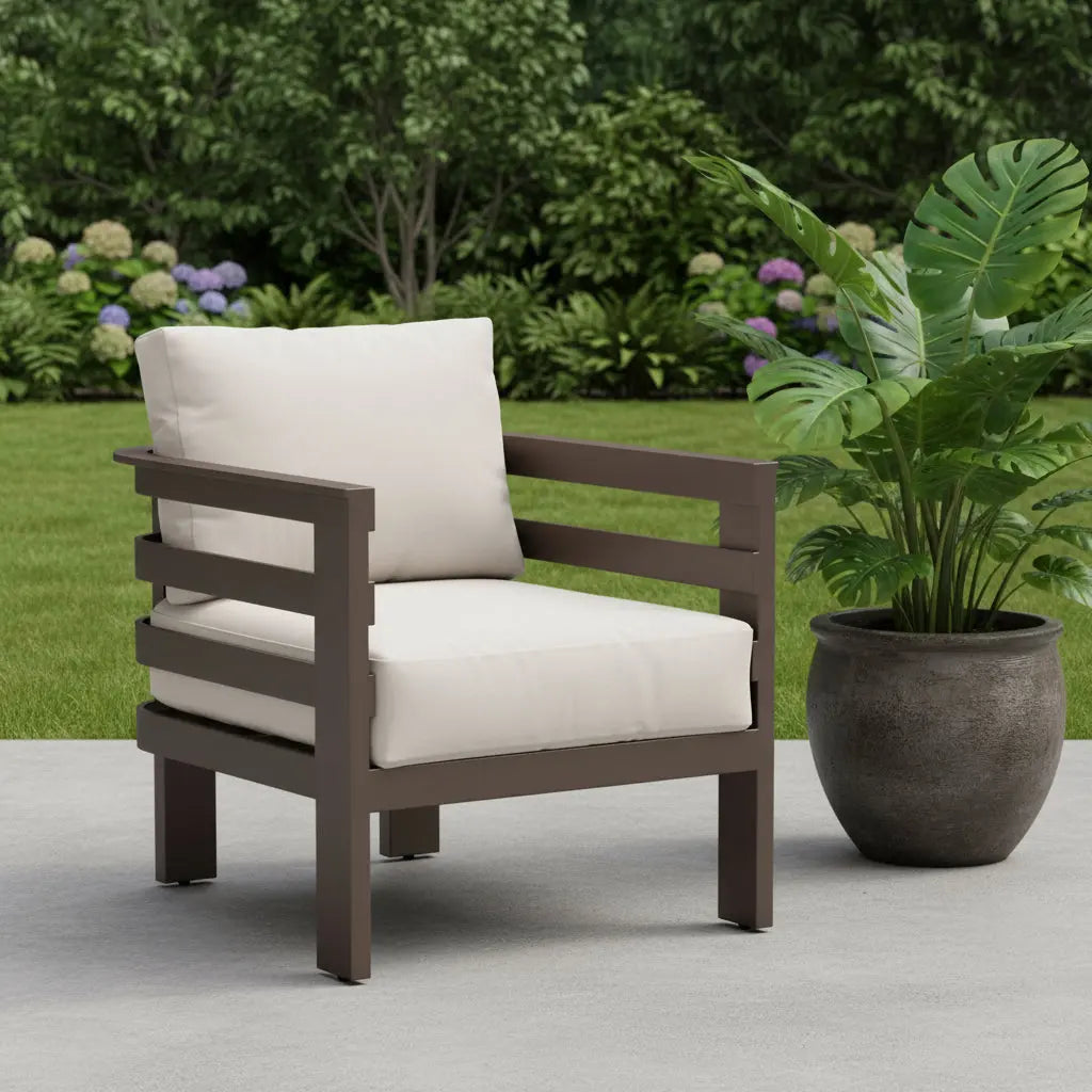 30" Brown Aluminum Outdoor Arm Chair with White Cushion Homeroots Outdoor