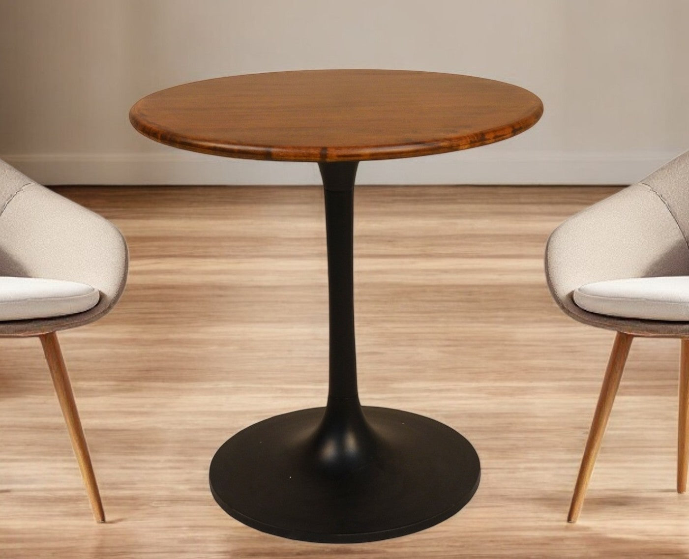 30" Brown And Black Rounded Solid Wood And Iron Pedestal Base Dining Table Homeroots Kitchen & Dining
