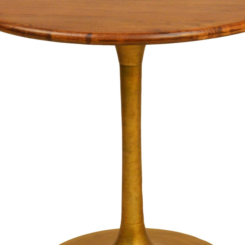 30" Brown And Gold Rounded Solid Wood And Iron Pedestal Base Dining Table Homeroots Kitchen & Dining